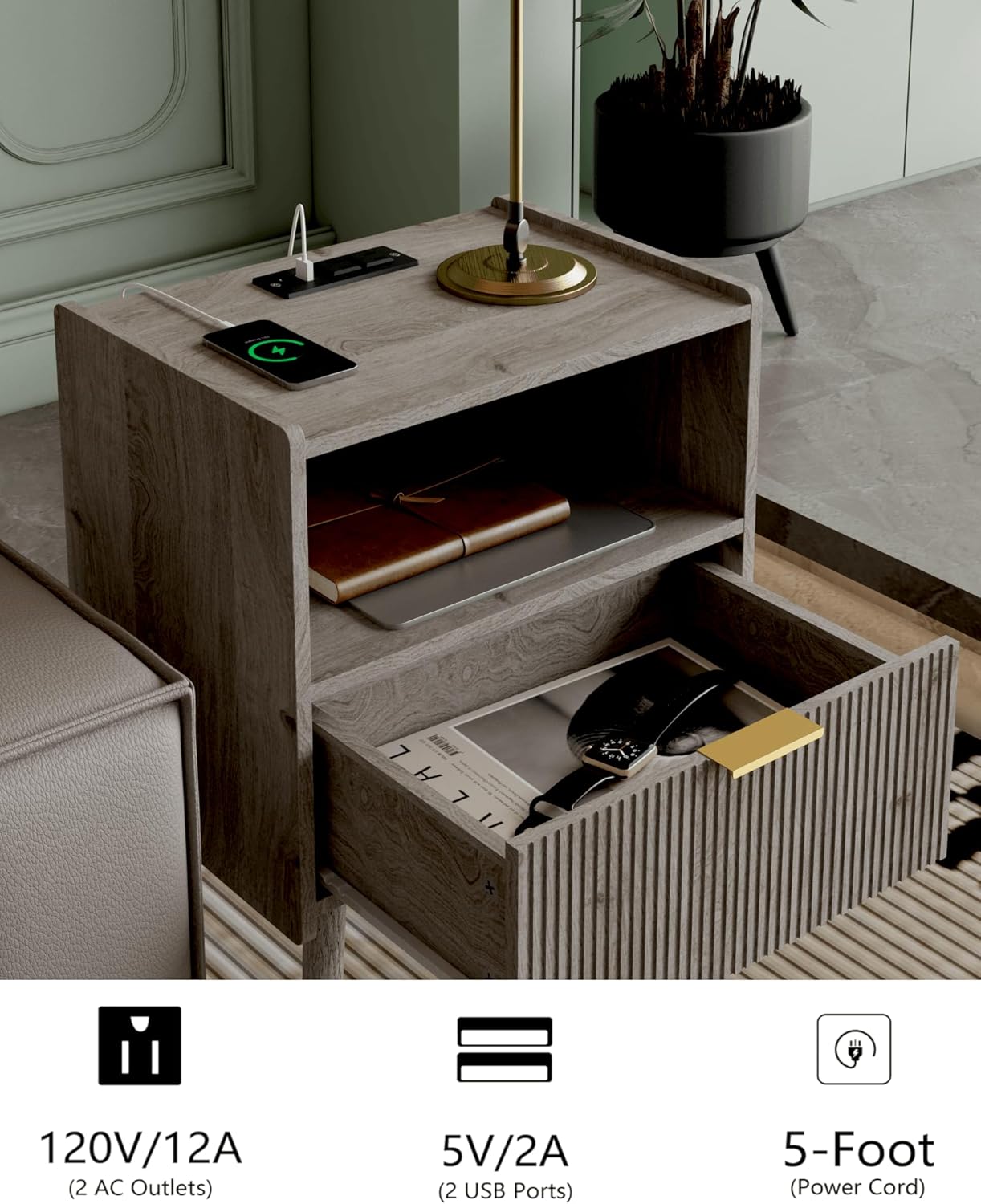 Nightstand,Modern Bedside Table with Storage Drawer and Open Wood Shelf, Accent Night Stand with Solid Wood Legs for Living Room, Bedroom and Small Spaces,Easy Assembly (Grey Oak-Outlet)