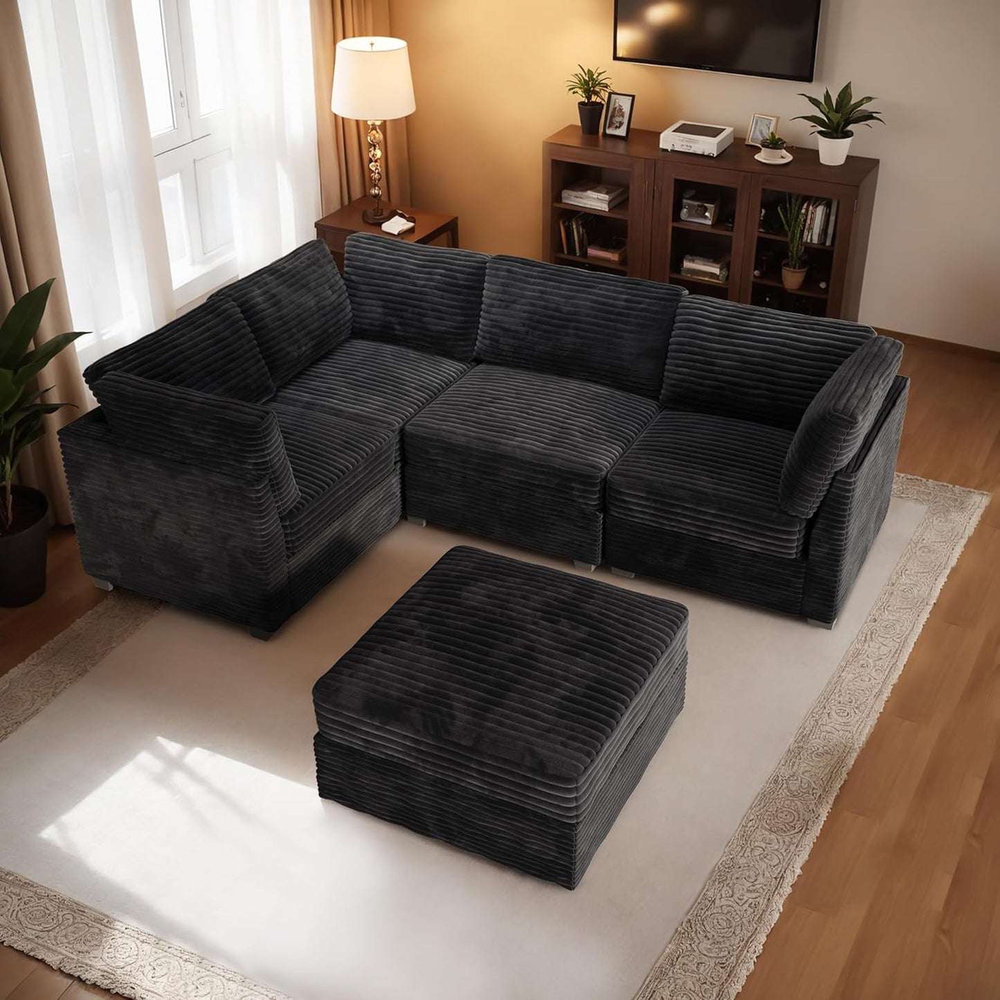 HOOOWOOO Modular Sectional Sofa,5 Pieces Sectional Couches for Living Room,98X66 L Shaped Cloud Couch with Ottoman Chaise Set(Black Velvet Corduroy)