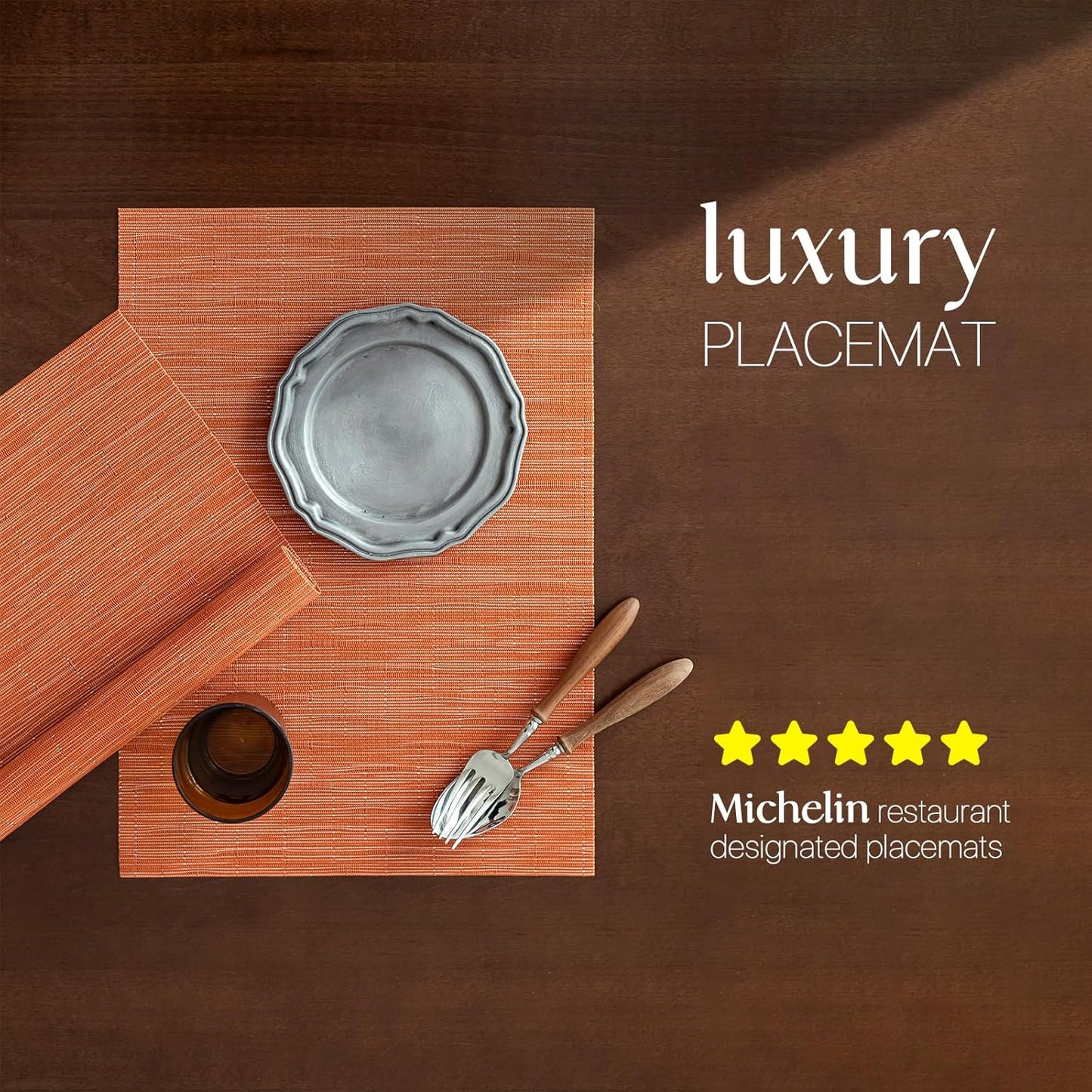 LEXMORE Placemats Set of 6 Vinyl/Plastic Woven Place Mats for Kitchen Table Indoor/Outdoor Washable Placemat Wipeable Dining Table Mats(Orange)