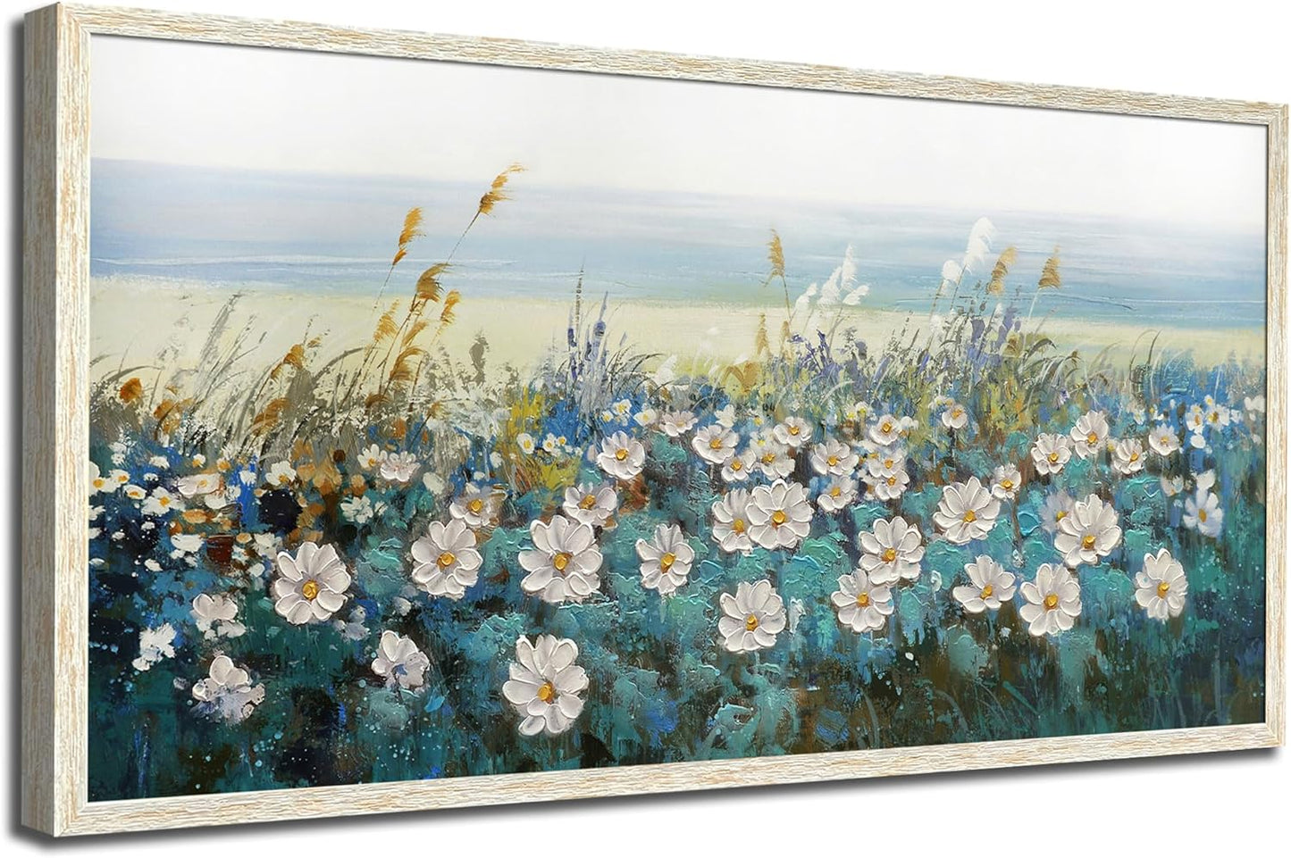 Arjun Flowers Wall Art Canvas White Daisy Floral Painting Blue Coastal Landscape Turquoise Floral Scenery Picture Artwork for Living Room Bedroom Office Home Wall Decor, Framed Extra Large 58"x29"
