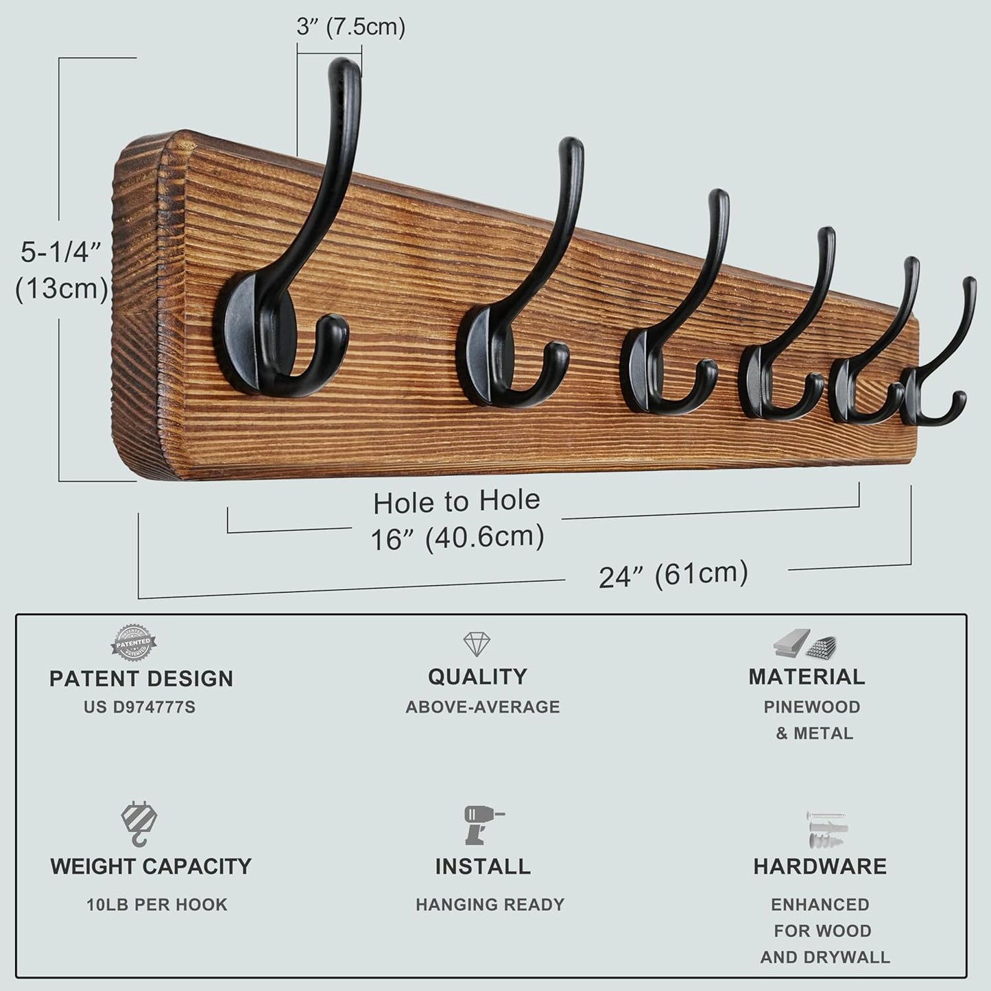 Dseap Wall Mounted Coat Rack: 24" Long, Patented, Heavy-Duty, 6-Double-Hooks Wooden Hanger Rail for Winter Coats, Hat, Jacket, Clothing - Natural & Black, Pack of 2