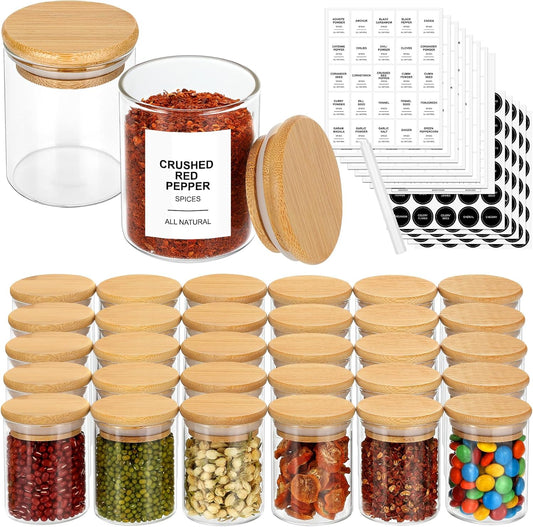 4OZ Glass Spice Jars with Bamboo Lids and 315 Labels, 10 Pcs Clear Food Storage Containers for Kitchen Sugar Salt Coffee Tea Beans