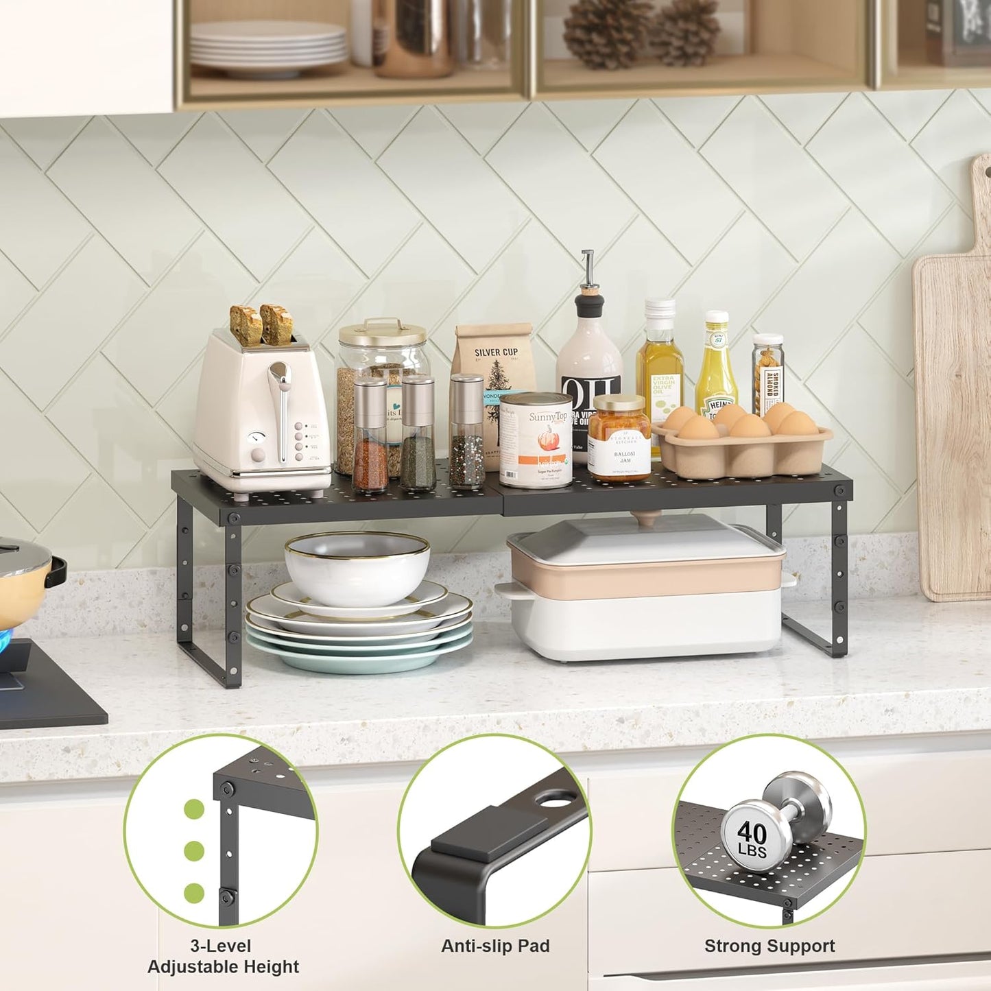 Expandable Cabinet Organizer Shelf With Adjustable Height, Stackable Kitchen Countertop Organizer Rack, Adjustable Shelf Riser For Kitchen Counter, Pantry, Cupboard, Desk, Tabletop