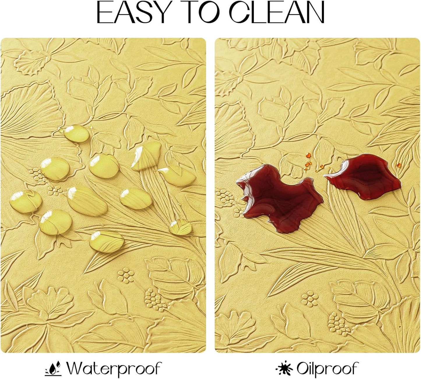 Romanstile Vinyl Placemats Set of 8-12 X 18 Inch - Heat Resistant Non-Slip Embossed Floral Place Mats 100% Waterproof Oilproof Wipeable Faux Leather Table Mats for Kitchen/Dining/Party, Yellow