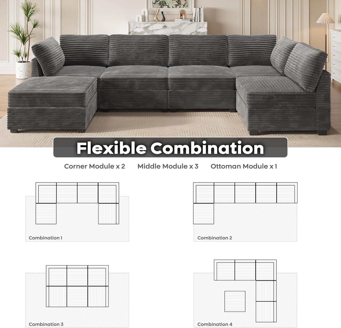 ovios Sectional Sofa Couch with U-Shape Chaise Sofa Bed, Comfy Modular Cloud Couches with Deep Seat, Modern Upholstered Plush Corduroy Sofas Set for Living Room, 6-Seater, Grey