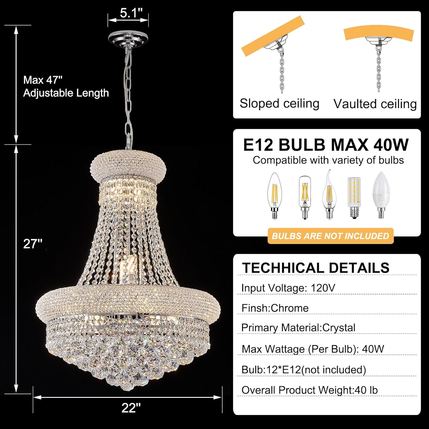 12 - Light Unique Empire Crystal Chandelier for Foyer Entrance Living Room Dining Room Bedroom Entryway Chrome Finish