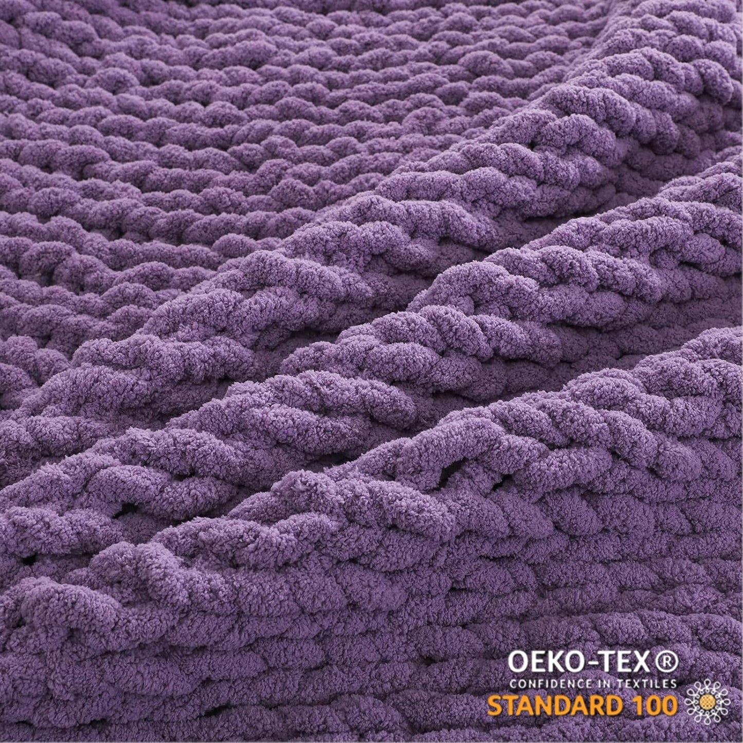 WESHIONGOO Chunky Knit Blanket Throw 40"×40" Knitted Throw Blankets for Couch Bed Fluffy Soft Blanket with Jumbo Chenille Yarn Thick 100% Handmade(Purple)