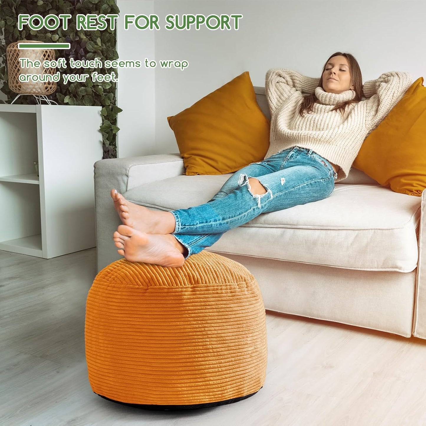 HIGOGOGO Round Stuffed Pouf Ottoman, Corduroy Poufs with Foam Chunk Filling, Furry and Fluffy Pouf Foot Stool Storage Ottoman, 20 X 15 Floor Poufs Foot Rest for Living Room, Orange