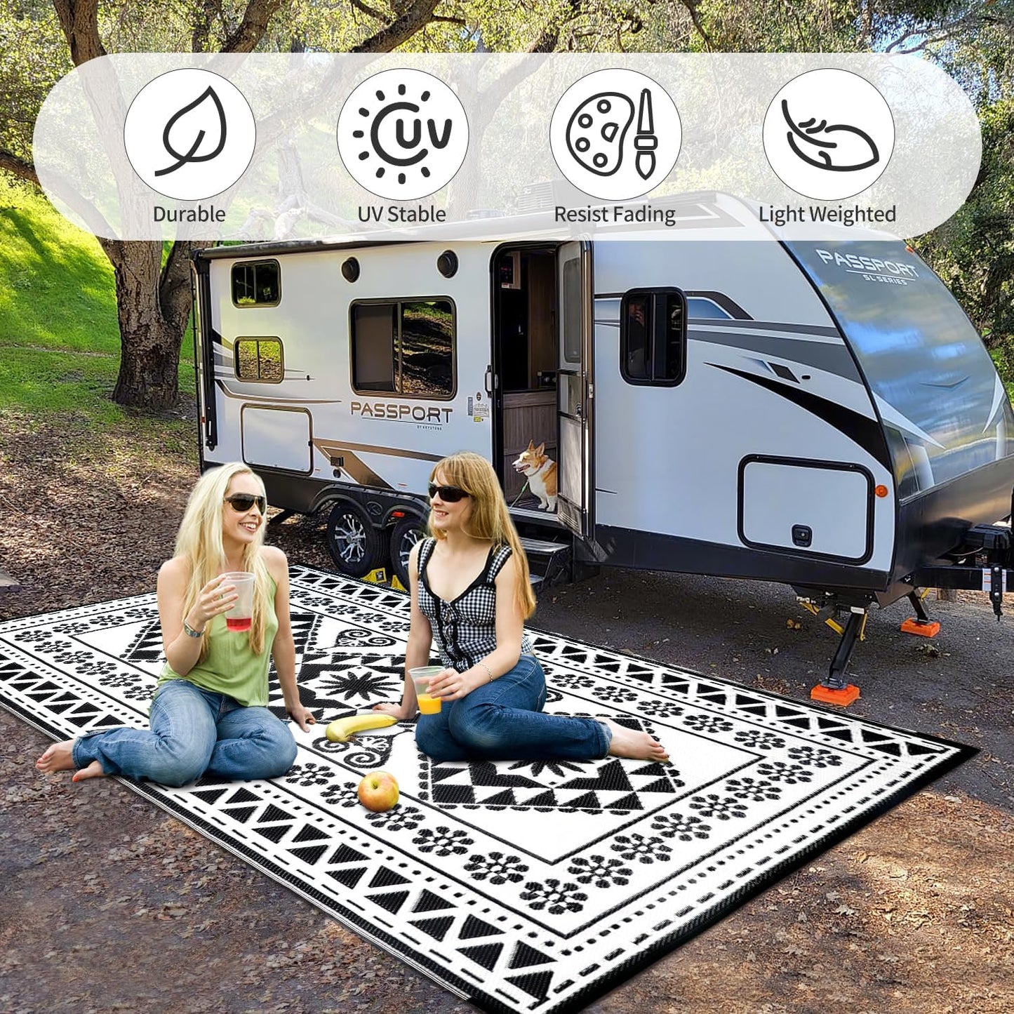 Waterproof Outdoor Rug 6x9ft, Reversible Plastic Straw Mat Rugs for Patio RV Deck Porch Backyard Balcony Camping Picnic Beach Indoor Outdoor Carpet, Black&White