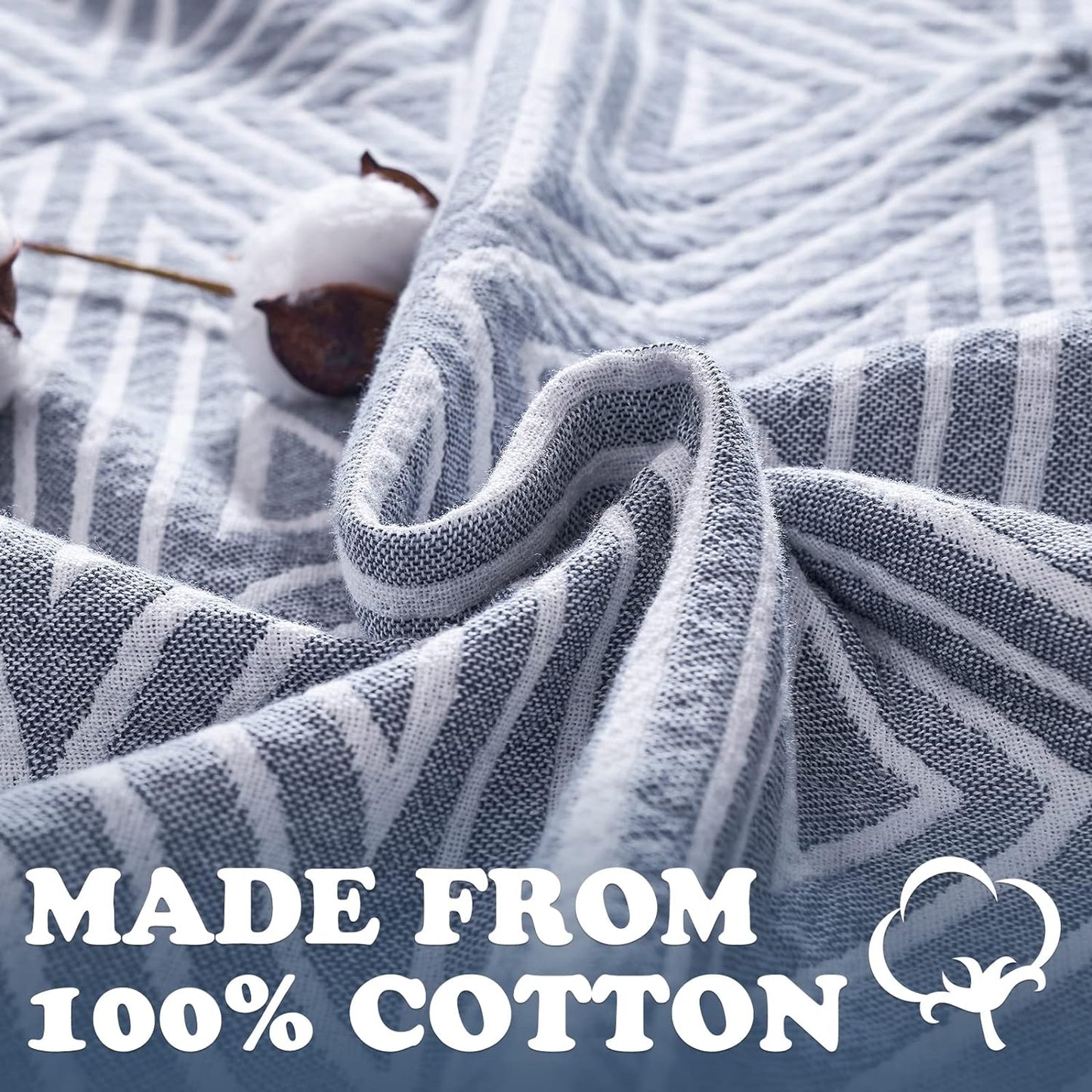 JINCHAN Boho 100% Cotton Blanket Muslin Twin Size 60x80 Inches Lightweight 3-Layer Geometric Triangle Striped Pattern Reversible Quilt Throw Soft Breathable Comfy All Seasons for Couch Bed Decor, Blue