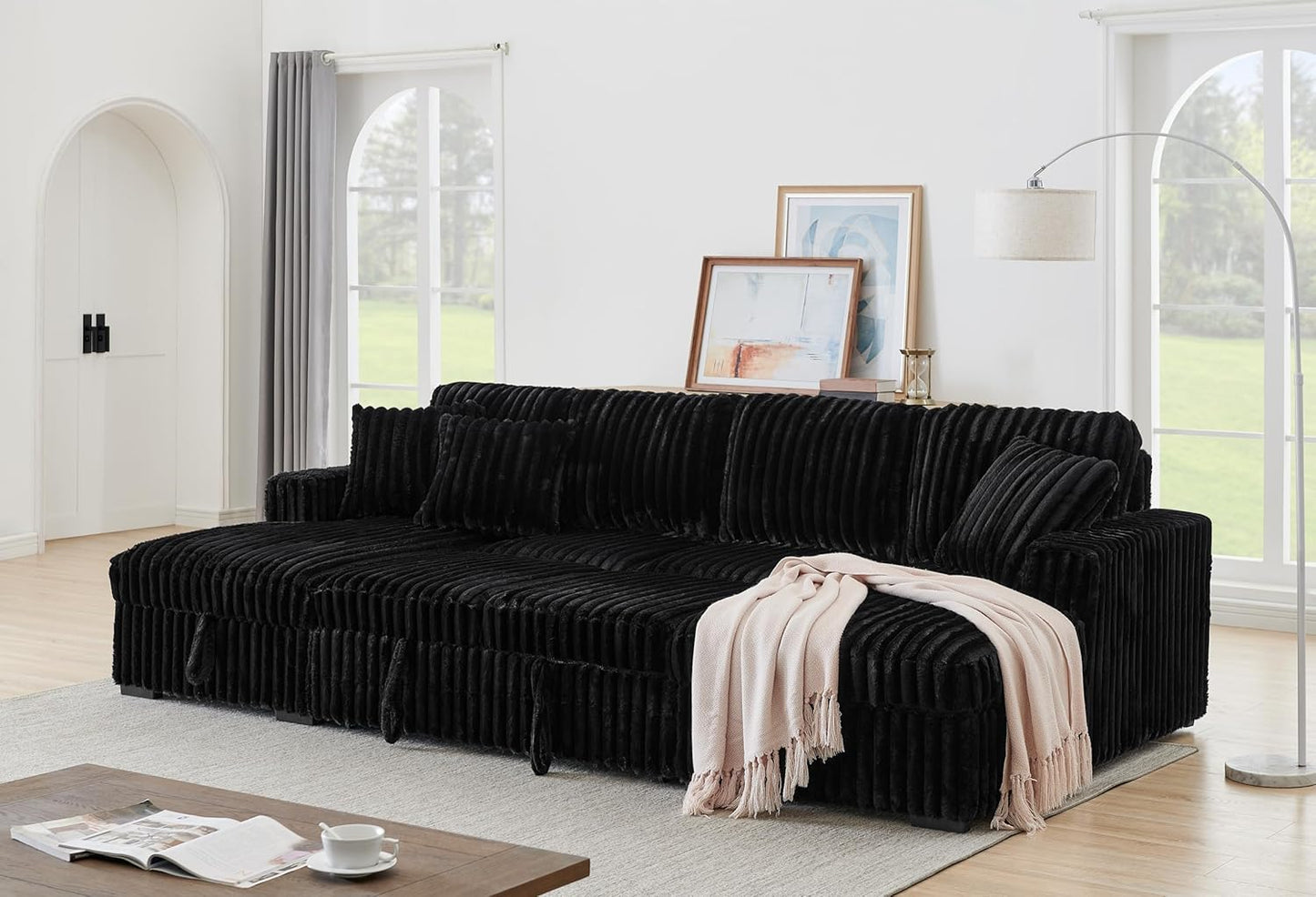 THSUPER Oversized U Shaped Plush Corduroy Fluffy Sectional Sleeper Sofa with Pull Out Bed and Double Storage Chaise for Living Room - Black