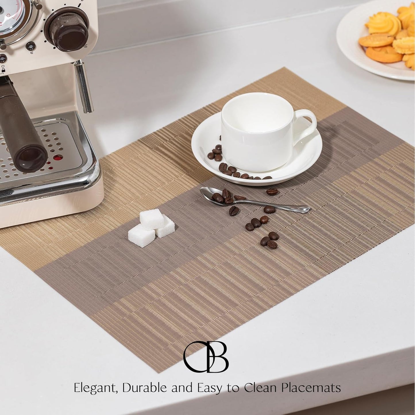 Placemats Set of 4 - Easy Clean Woven Vinyl Placemats for Dining Table, Indoor/Outdoor Place Mats, Washable PVC Table Mats （Gold Dune）