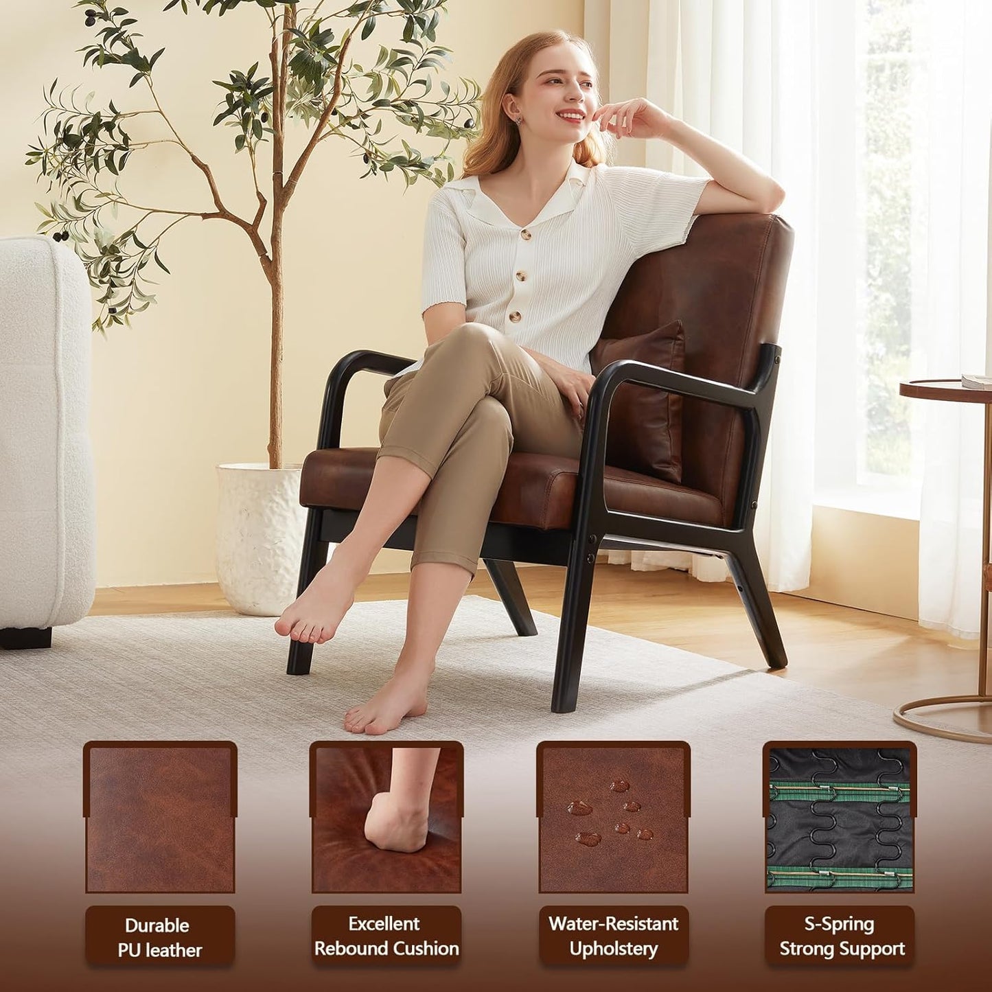 Accent Chair Mid Century Modern Armchair with Lumbar Support Pillow Wood Legs PU Leather Upholstered Lounge Chairs Comfy High Back Cushion for Living Room Bedroom