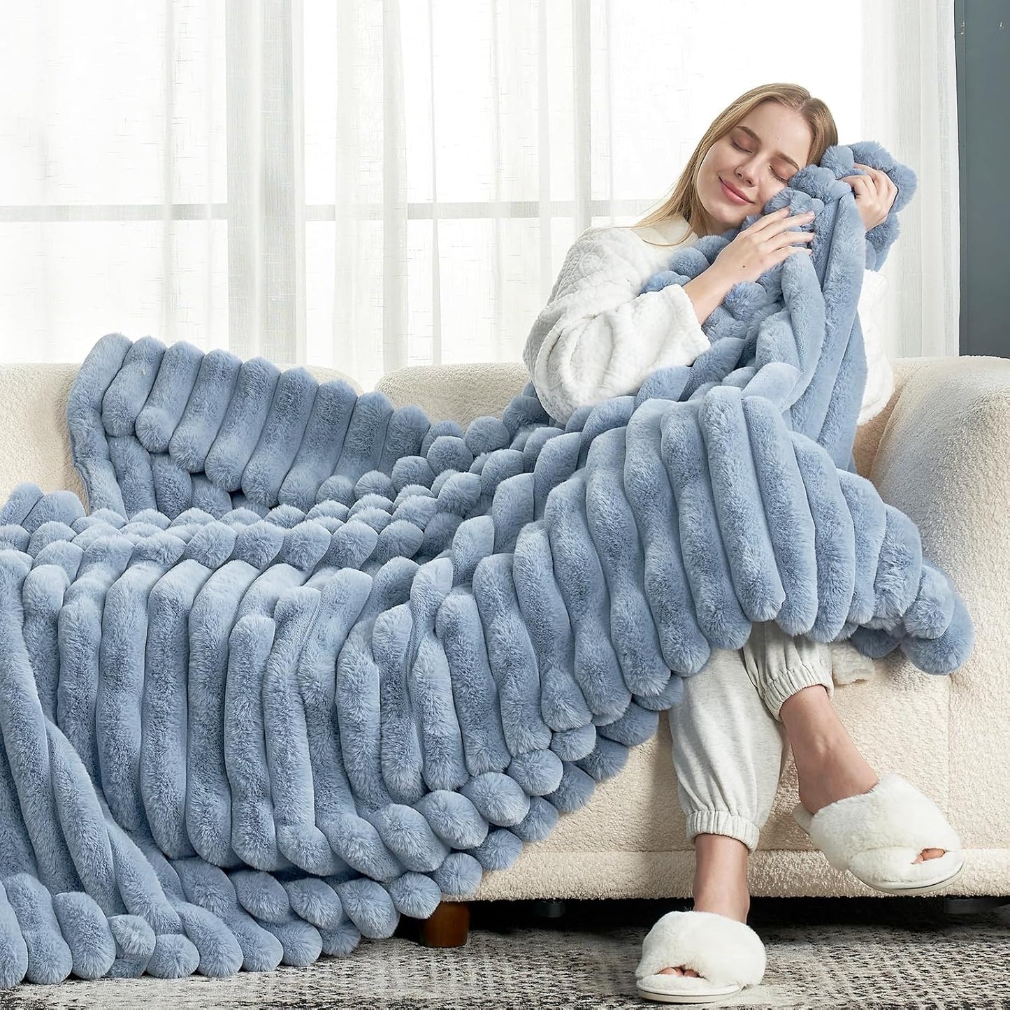 Cozy Bliss Faux Fur Throw Blanket for Couch, Cozy Warm Plush Striped Blanket for Sofa Bedroom Living Room,60 * 80 Inches Light Blue