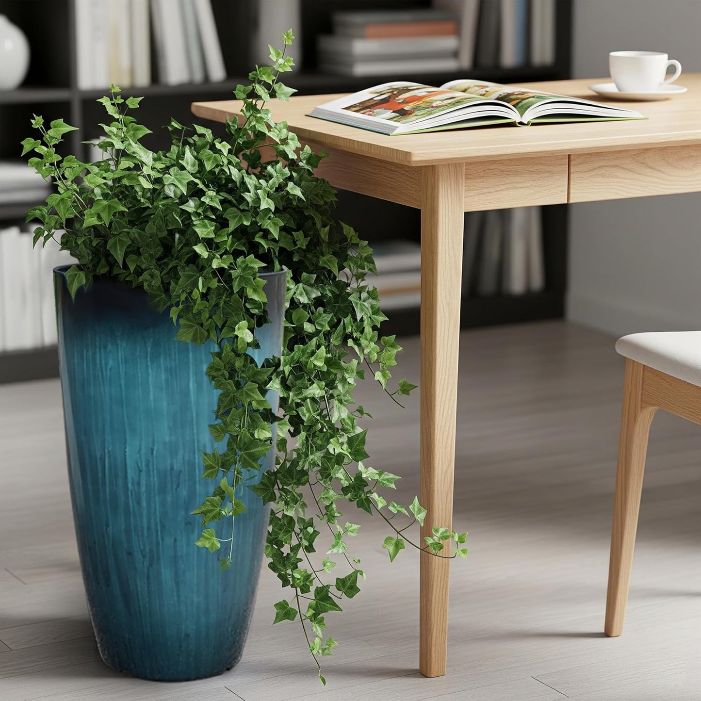 KOL 2-Pack 23.5" Plastic Planters, Gradient Blue Glossy Large Tall Plant Pots, Lightweight Decorative Flower Containers with Drainage Hole & Dual-Purpose Saucer – Indoor & Outdoor Use Front Porch