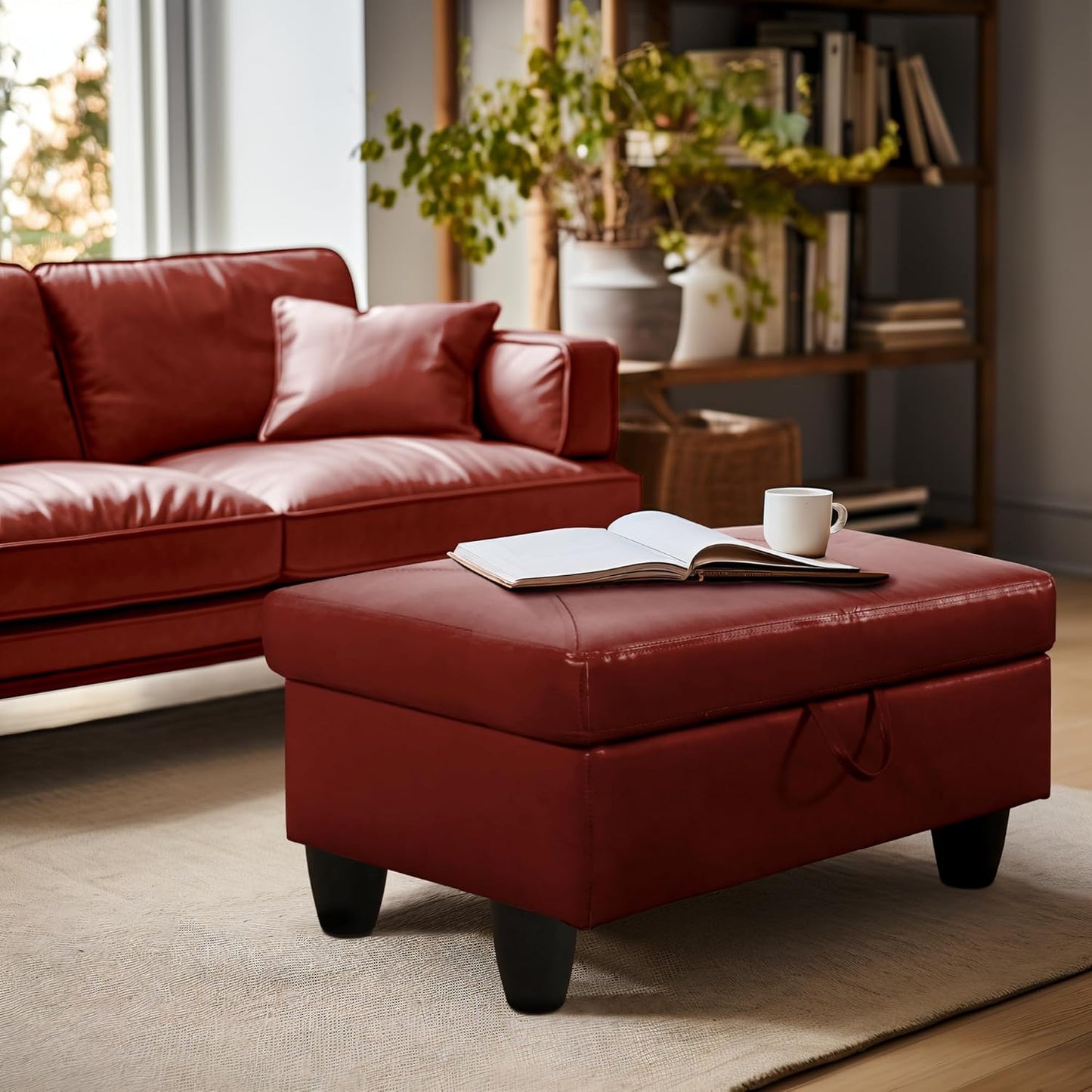 Ottoman Rectangular Storage Ottoman Bench, Faux Leather Footrest, Coffee Table, Stool Footstool with Hinged Lid for Living Room, Bedroom, Entryway, Red, 28.5"x19"x17.5"