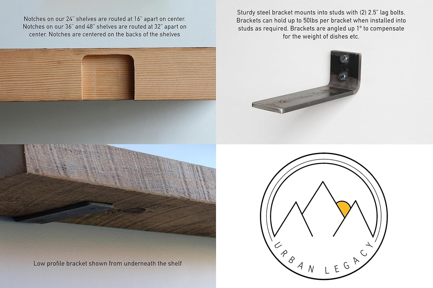 Urban Legacy Deep Floating Shelves | Reclaimed Barn Plank Deep Floating Shelves with Low Profile Brackets | High Weight Capacity (48" x 11" x 2")