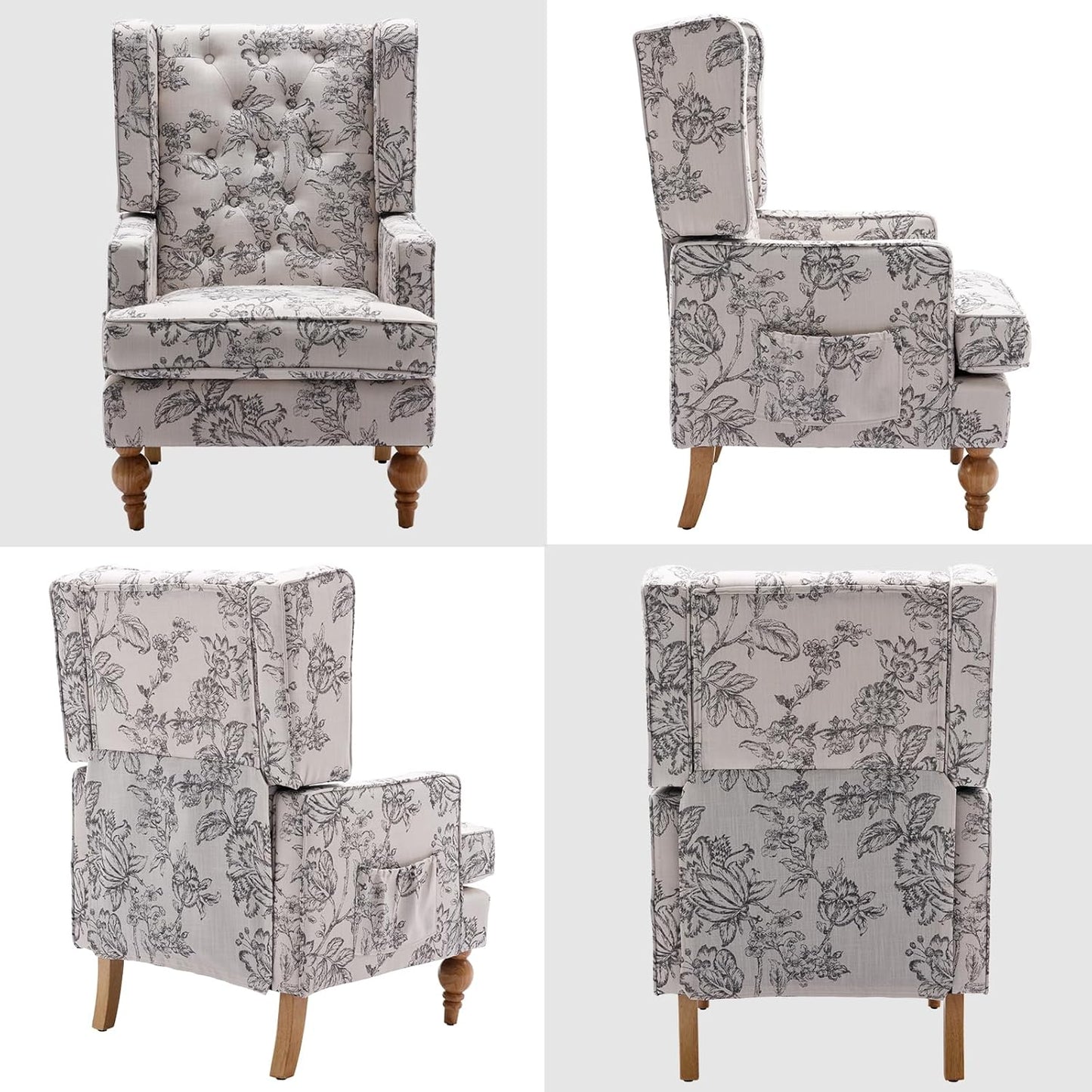 DUOMAY Tufted Accent Chair, Modern Linen Upholstered Wingback Side Arm Chair for Living Room Bedroom with Wood Legs, Comfy Reading Guest Chair for Office, Beige Flower Pattern