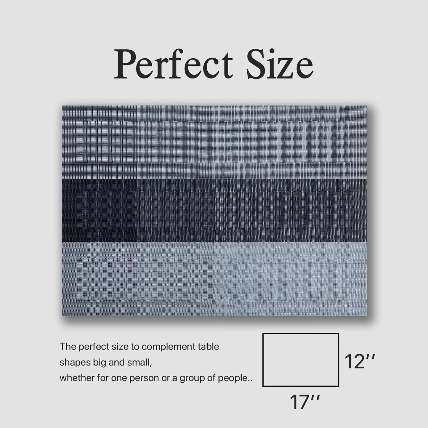 Placemats Set of 8 - Easy Clean Woven Vinyl Placemats for Dining Table, Indoor/Outdoor Place Mats, Washable PVC Table Mats （Silver Gray Black）