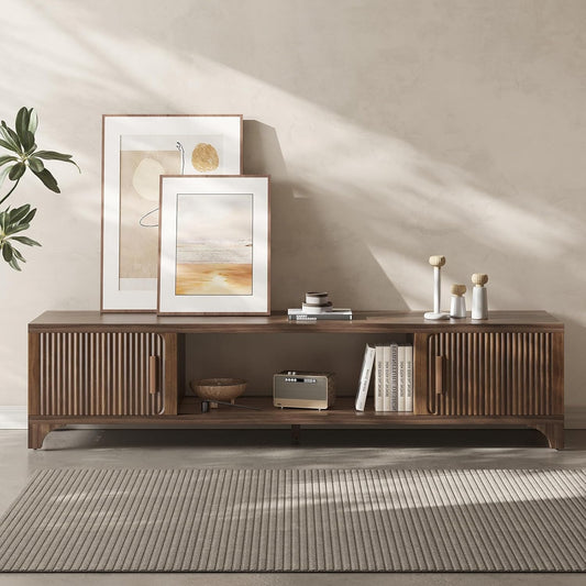 Mid Century Modern TV Stand for 70/75 Inches Television, TV Console with Fluted Doors and Storage, Entertainment Center for Living Room and Bedroom, Dark Brown