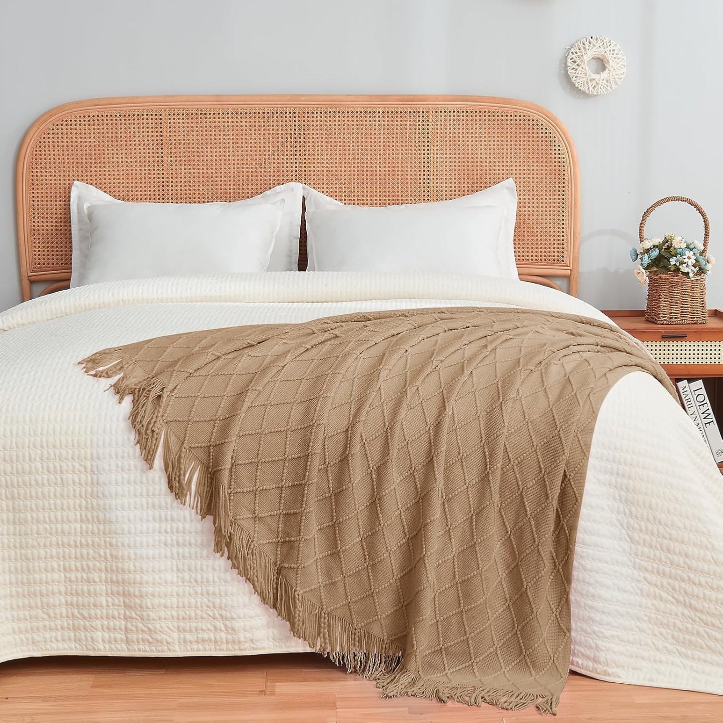 inhand Knitted Throw Blankets for Couch and Bed, Soft Cozy Knit Blanket with Tassel, Khaki Lightweight Decorative Blankets and Throws, Farmhouse Warm Woven Blanket for Men and Women, 50"x60"