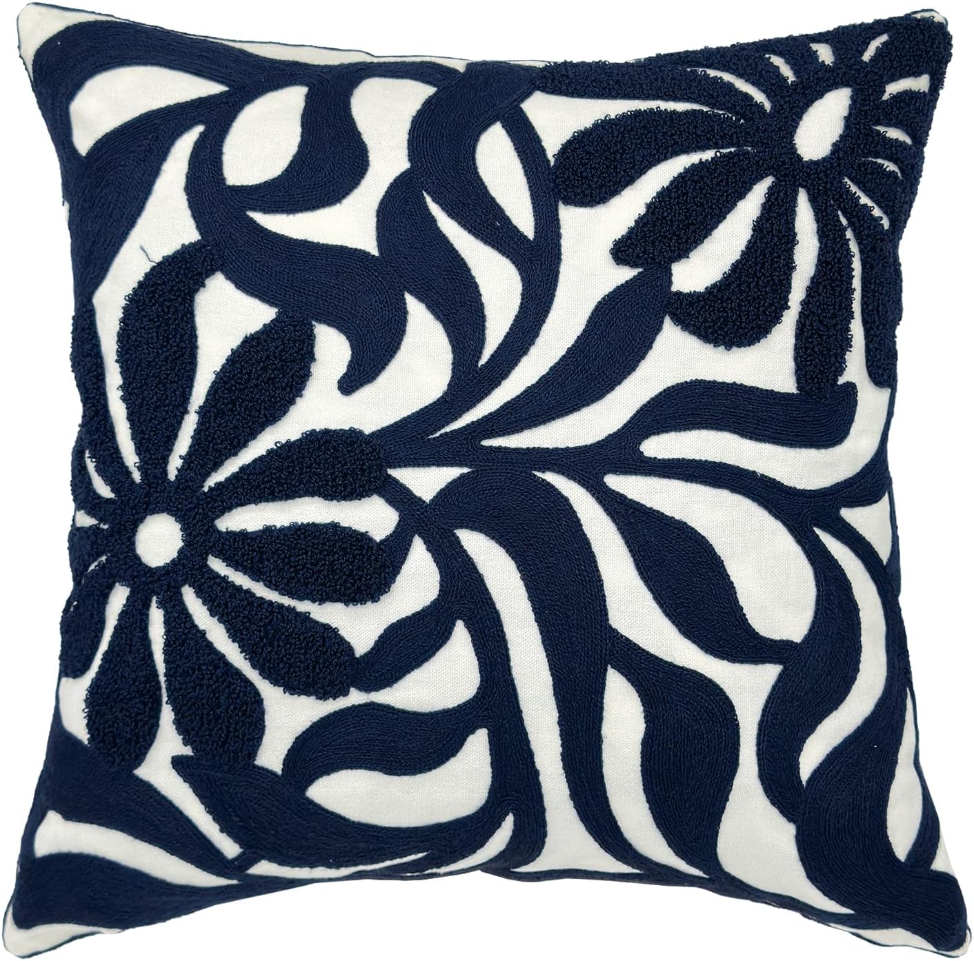 Alysheer Farmhouse Floral Leaves Embroidered Decorative Throw Pillow Cover 18x18 inches, Boho Tufted Flowers Embroidery Pattern Chic Cotton Cushion Case for Couch Bed Sofa Living Room(Navy Blue)