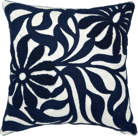 Alysheer Farmhouse Floral Leaves Embroidered Decorative Throw Pillow Cover 18x18 inches, Boho Tufted Flowers Embroidery Pattern Chic Cotton Cushion Case for Couch Bed Sofa Living Room(Navy Blue)