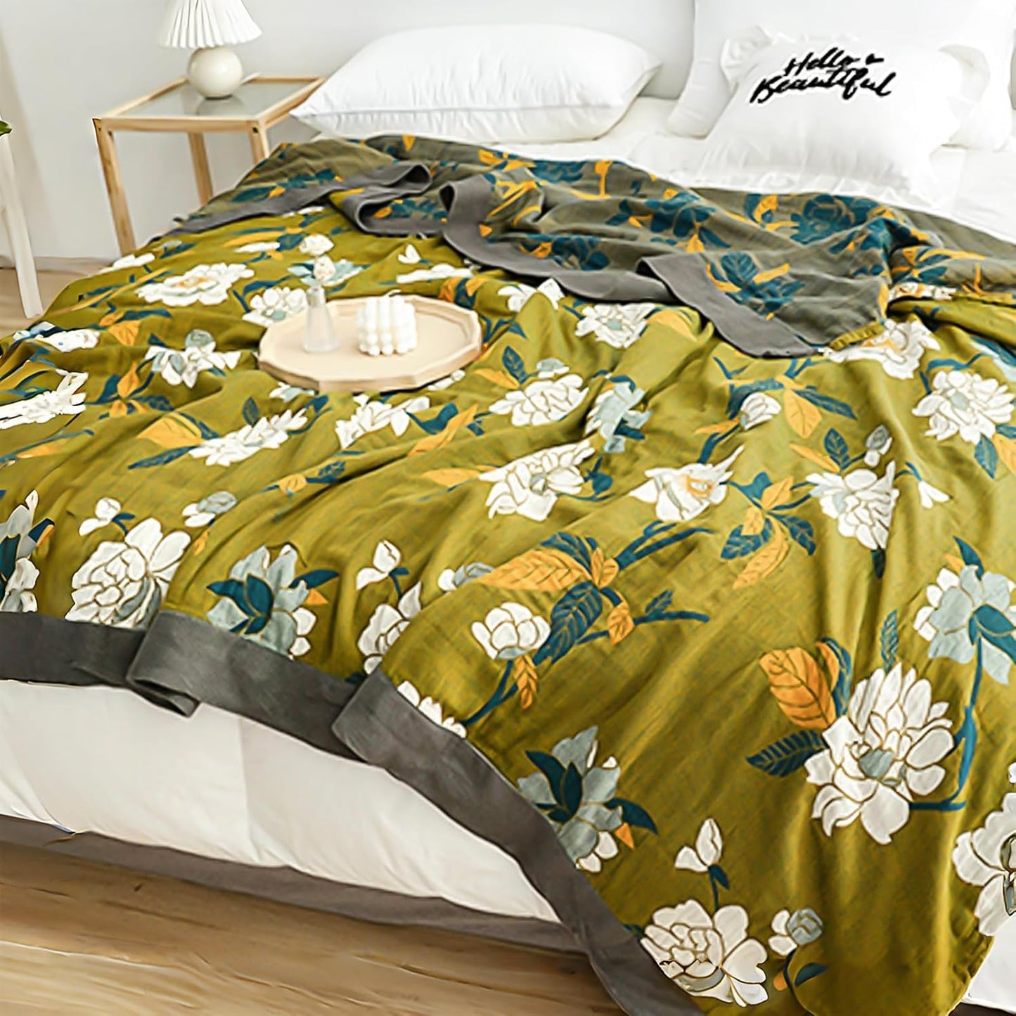 Boho Throw Blanket for Bed - 100% Pure Cotton Ultra Soft Rustic Quilt - Farmhouse Decor Bed Blankets, All Season Rustic Throw for Sofa Couch Chair(80''x 90'', Flower Branch)