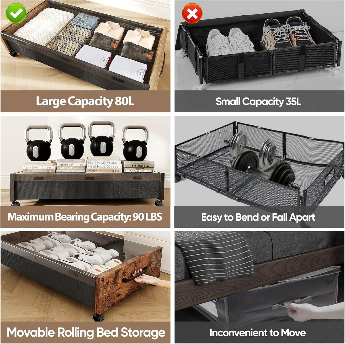 Wooden Under Bed Storage with Wheels, 80L Extra-large Rolling Under the Bed Storage Bins 2 Pack with Removable Lid, Upgrade Metal Under Bed Drawers for Clothes Shoes Blankets in Bedroom