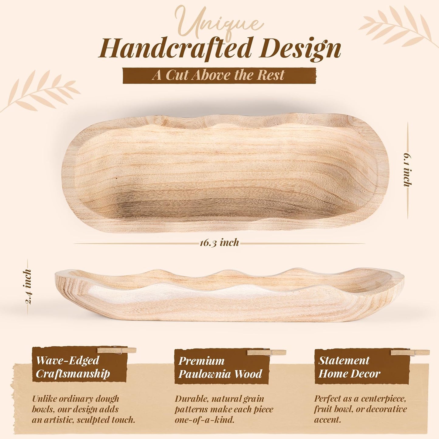 Wavy Edge Wooden Dough Bowl for Decor 16"L Lightweight Paulownia Wood Hand Carved Decorative Wooden Farmhouse Fruit Bowl Handmade, Home Decoration Centerpiece, Table Display Bowl