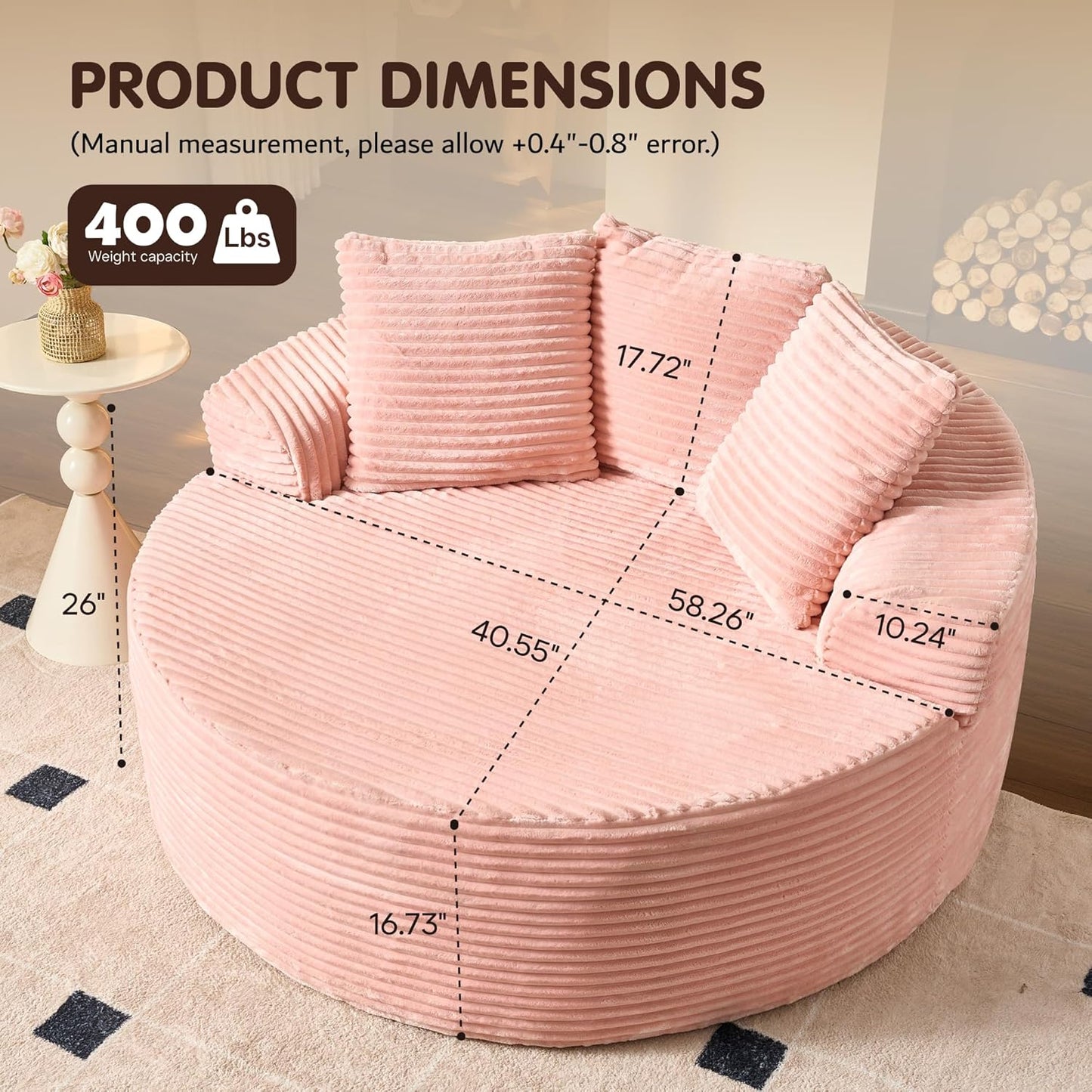 ovios 58" Oversized Round Chair Lounge Chaise Indoor, No Assembly Required, Cloud Large Circle Chair with Plush Fuax Fur, Fluffy Modern Sleeper Sofa Bed for Reading Yoga, Pink (Plush Corduroy Fabric)