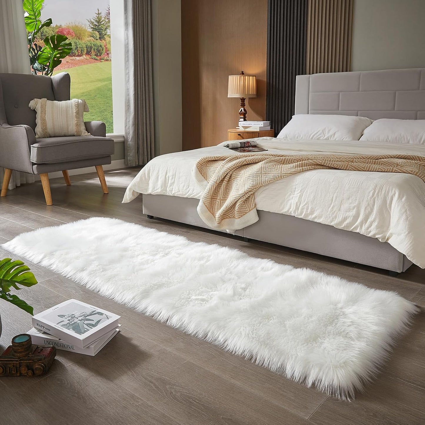 AMTOVO Faux Fur Rug, White Ultra Soft Fluffy Shag Sheepskin Rug, 2 x 6 ft Runner Area Rugs for Bedroom Sofa Throw Cushion Room Decor, Rectangle