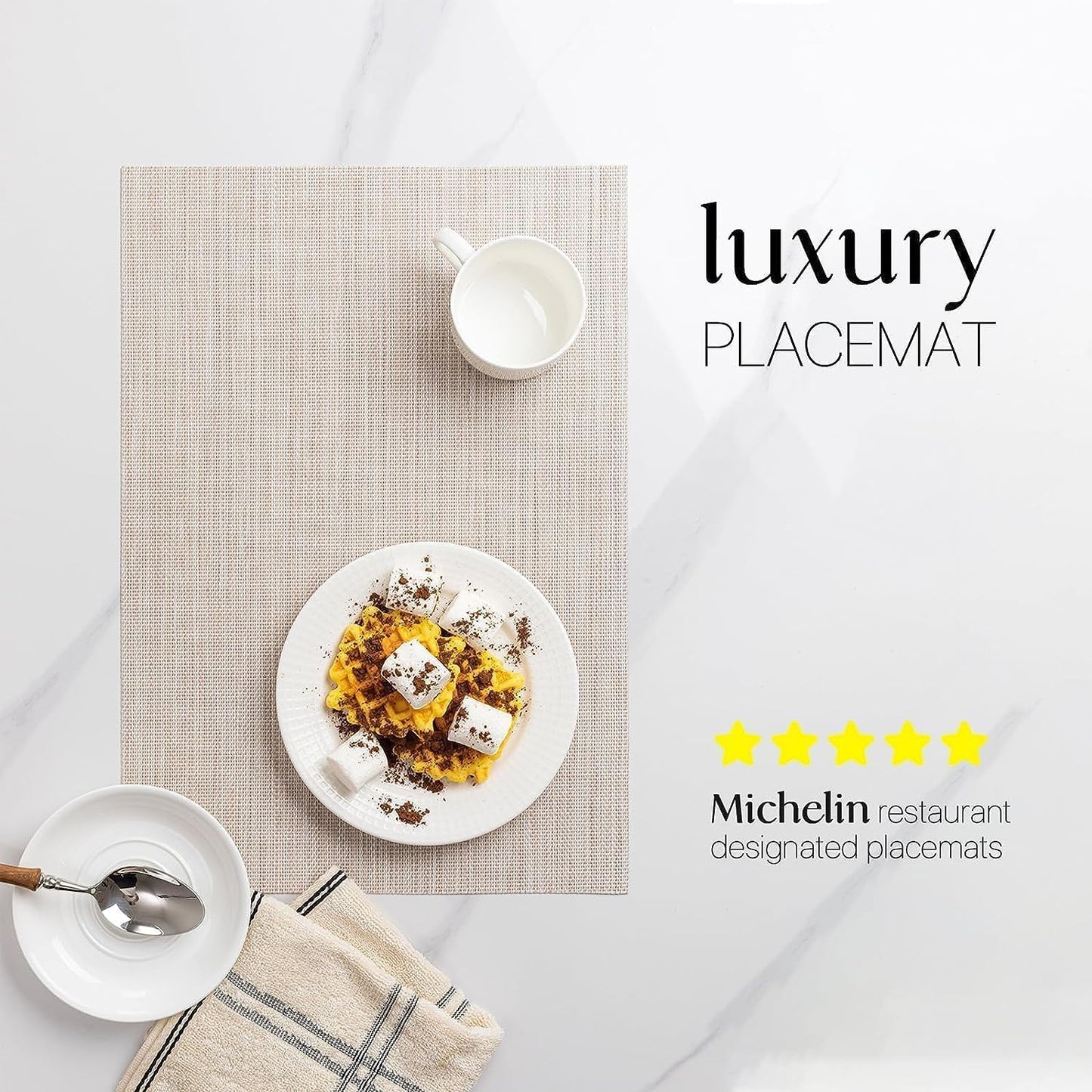 LEXMORE Placemats Set of 6 Vinyl/Plastic Woven Place Mats for Kitchen Table Indoor/Outdoor Washable Placemat Wipeable Dining Table Mats(A-Beige White)