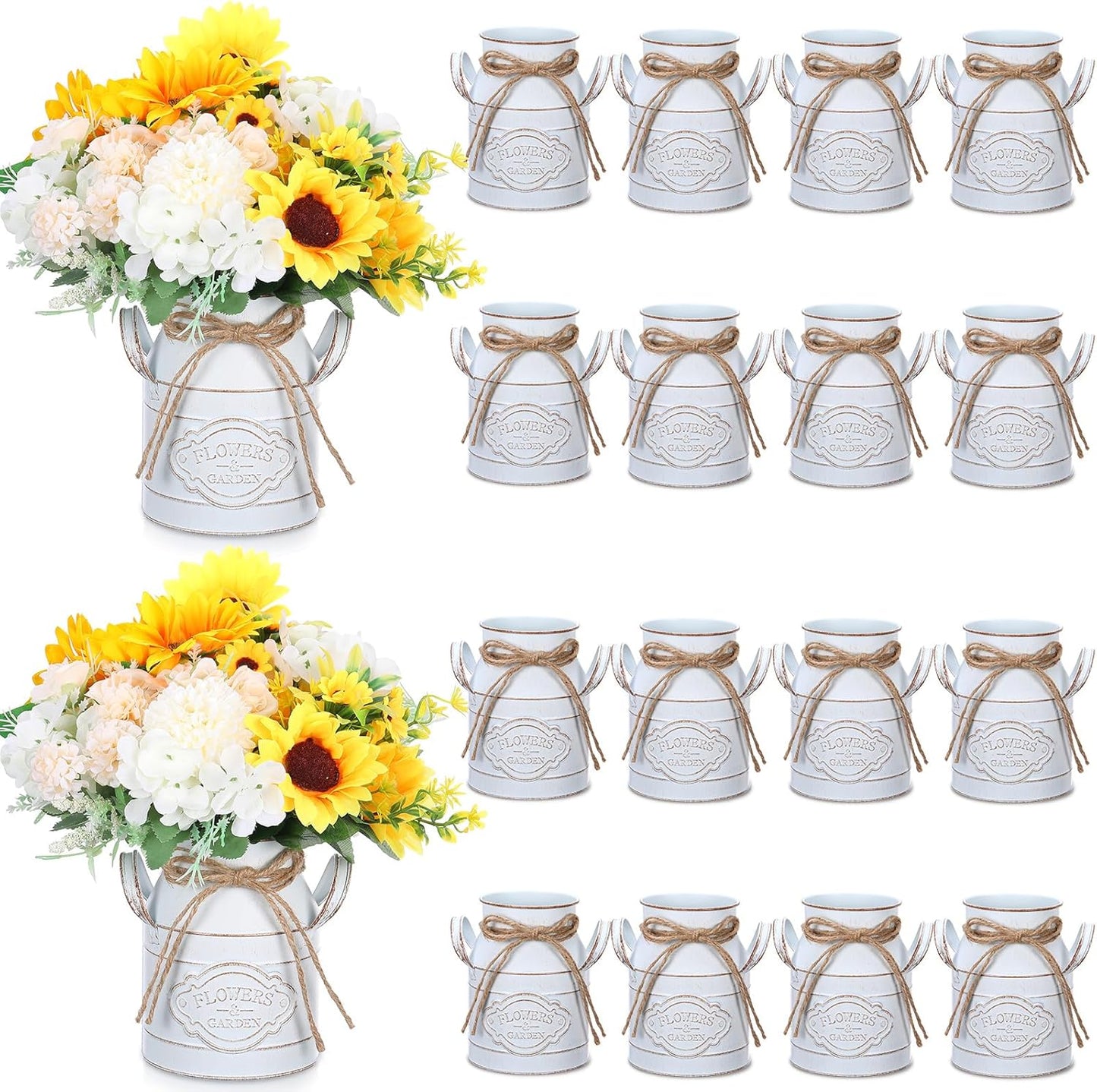 6 Inch Farmhouse Vase Decor Milk Can Vintage Flower Jug Galvanized Metal Vase with Handle Rustic Flower Buckets for Thanksgiving Christmas Table Centerpiece Weddings Gifts(Retro White,16 Pcs)