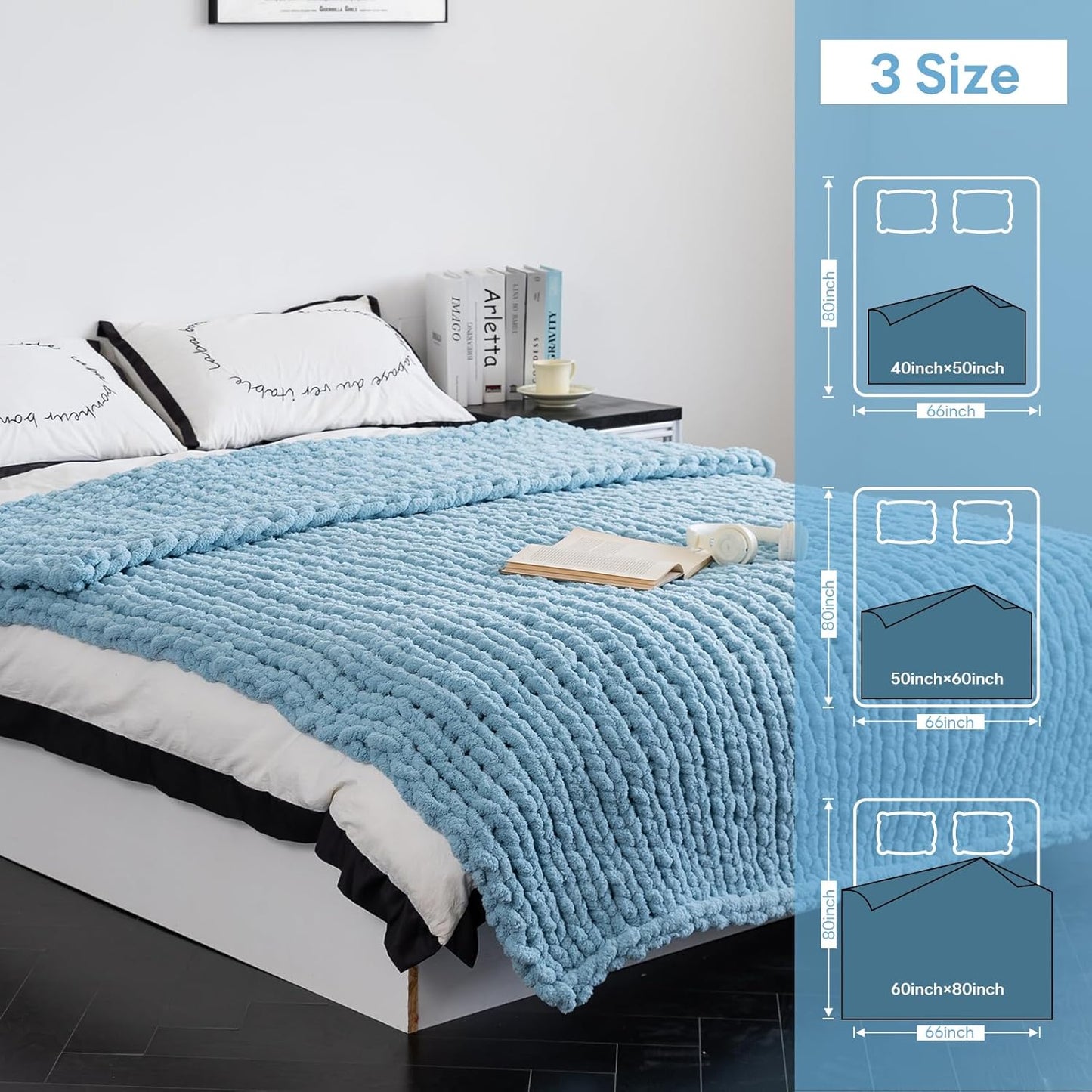 Chunky Knit Blanket - Luxury Soft Cozy 40 * 50 Throw Blanket,100% Woven Blanket Rope Knot Throw Blanket for Couch, Sofa, Home Decor, Gift - Machine Washable（Light Blue）