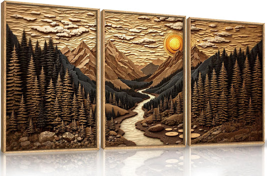 HPINUB Abstract Landscape Mountain Canvas Wall Art Set, Vibrant Sun Forest Pine Tree Wall Decor, Wilderness Nature River Artwork Rustic Scenery Art Print for Living Room,Bedroom,Office-16 x24 x3