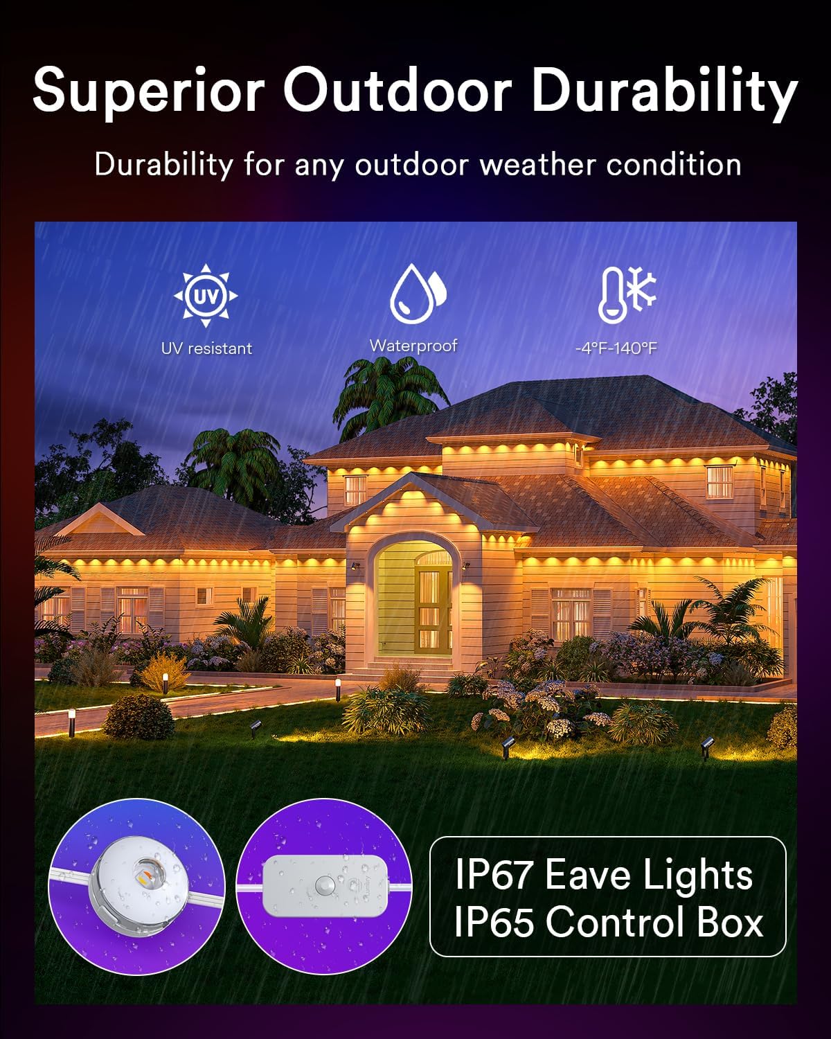 Lumary Permanent Outdoor Lights Max, 105ft with 80 LED Eave Lights 4800LM, RGBAICW Smart Outdoor Lighting IP67 Waterproof, Scene Modes for Daily and Accent Lighting, Works with Alexa/Google Assistant