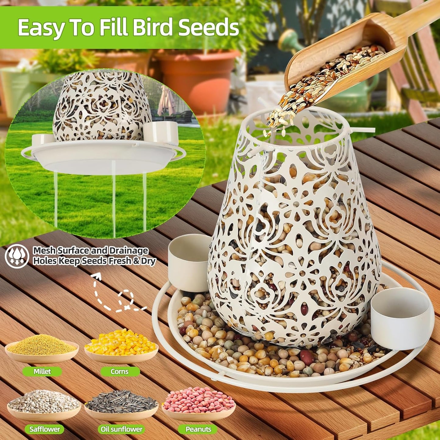 Mushroom Solar Bird Feeders for Outdoors Hanging Metal Wild Bird Feeder Garden Lantern with S Hook for Garden Decoration Yellow