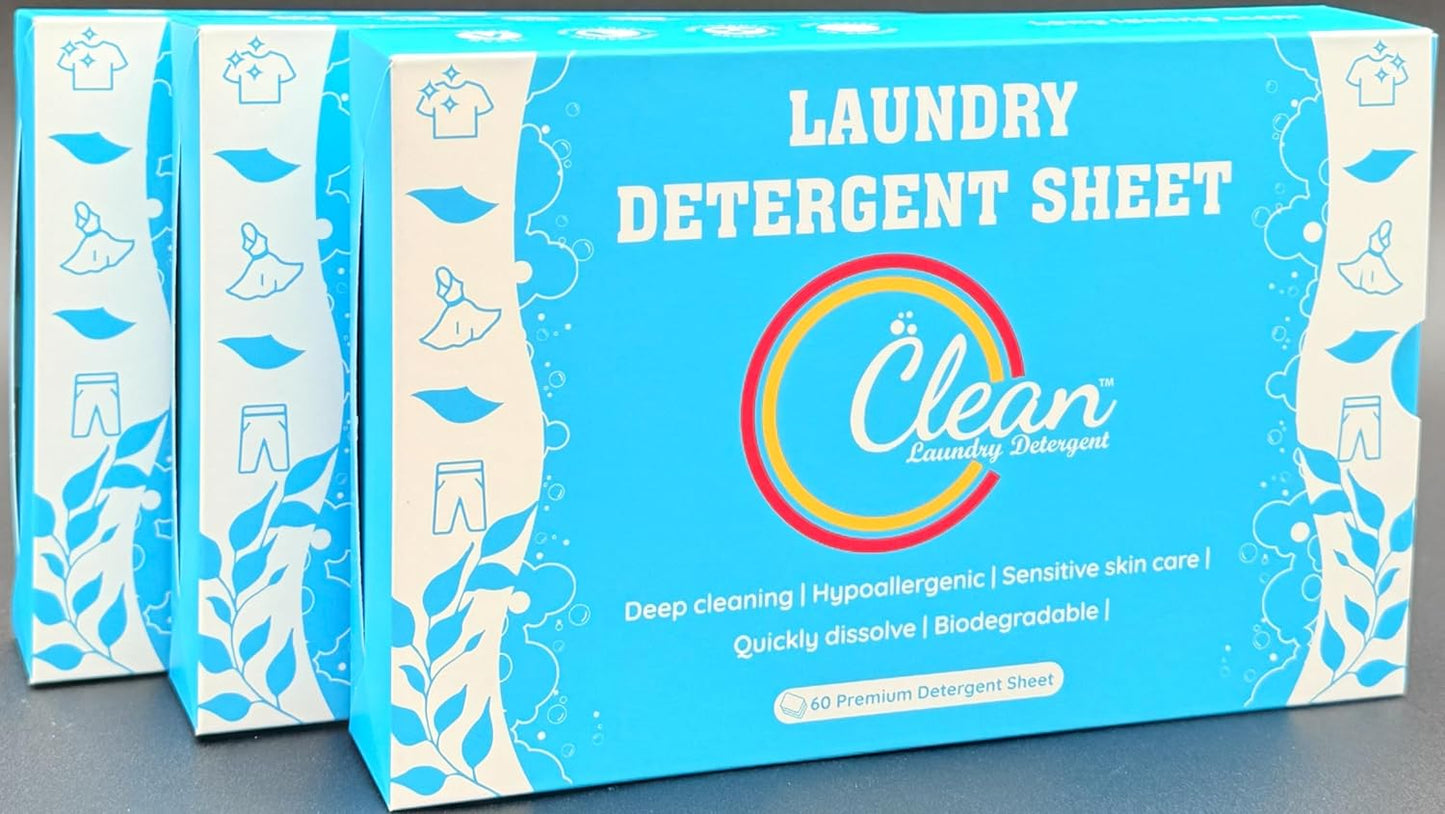 Clean Laundry Detergent™– Hypoallergenic, Eco-Friendly, Plant-Based, Biodegradable, 100% Natural – Gentle on Skin & Fabrics, Fresh Scent, 60 Premium Detergent Sheet