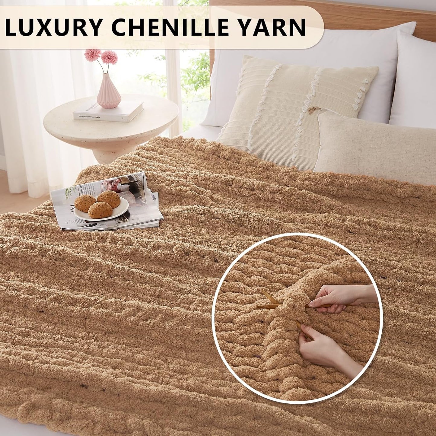 L'AGRATY Chunky Knit Blanket Throw: 60''x80'' Chenille Chunky Knitted Throw Blanket for Bed Couch - Handmade Thick Big Cable Knit Blanket - Large Crochet Rope Blanket for Home Decor(Tan)