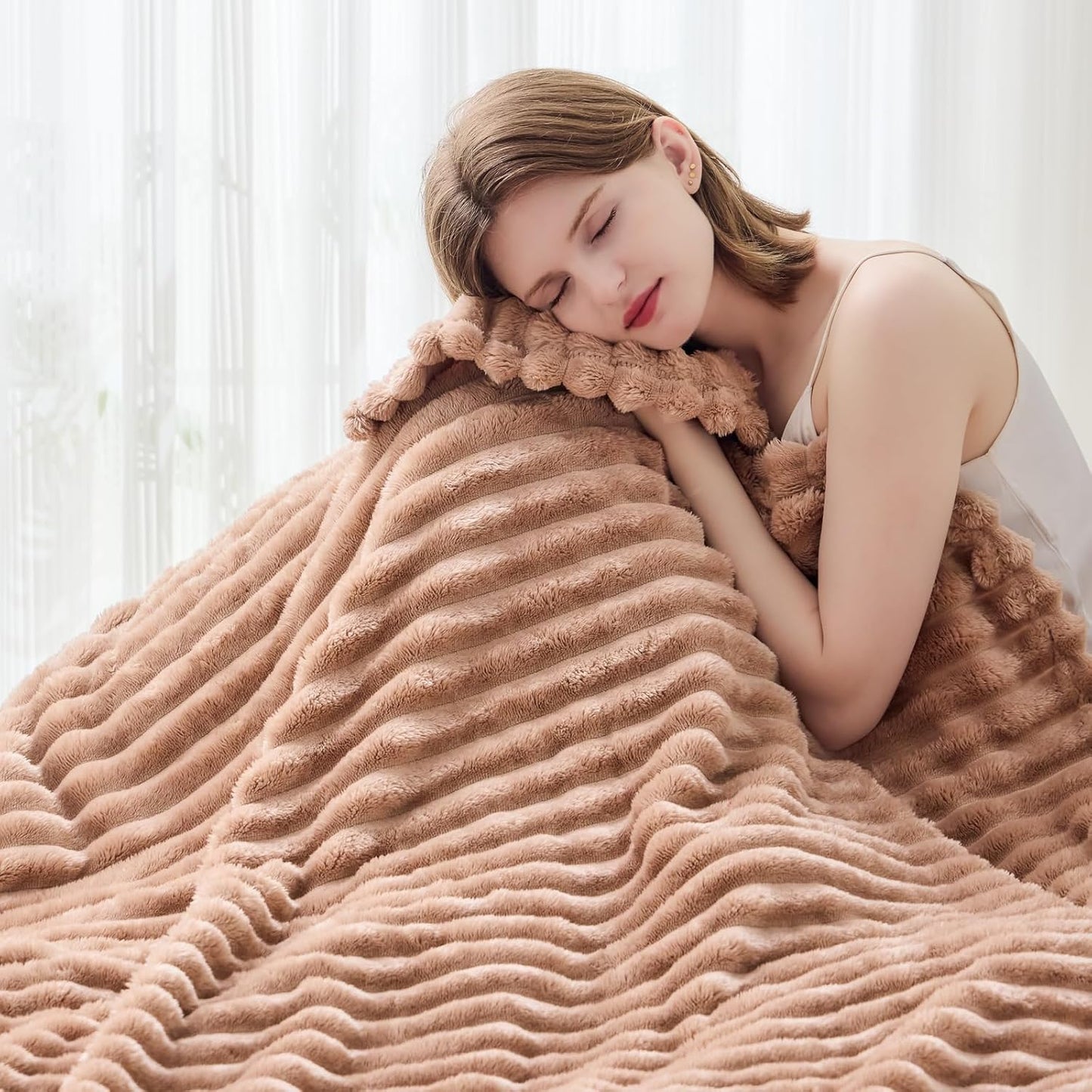 NEWCOSPLAY Super Soft Throw Blanket Taupe Premium Silky Flannel Fleece 3D Ribbed Jacquard Lightweight Bed Blanket All Season Use (Taupe Ribbed, Throw(40"x50"))