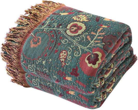 MSGKV Cotton Bed Blanket for Couch and Sofa Blankets for Living Room Bedroom Reversable Florals Throw 80"x90" Breathable Cozy Boho Blankets