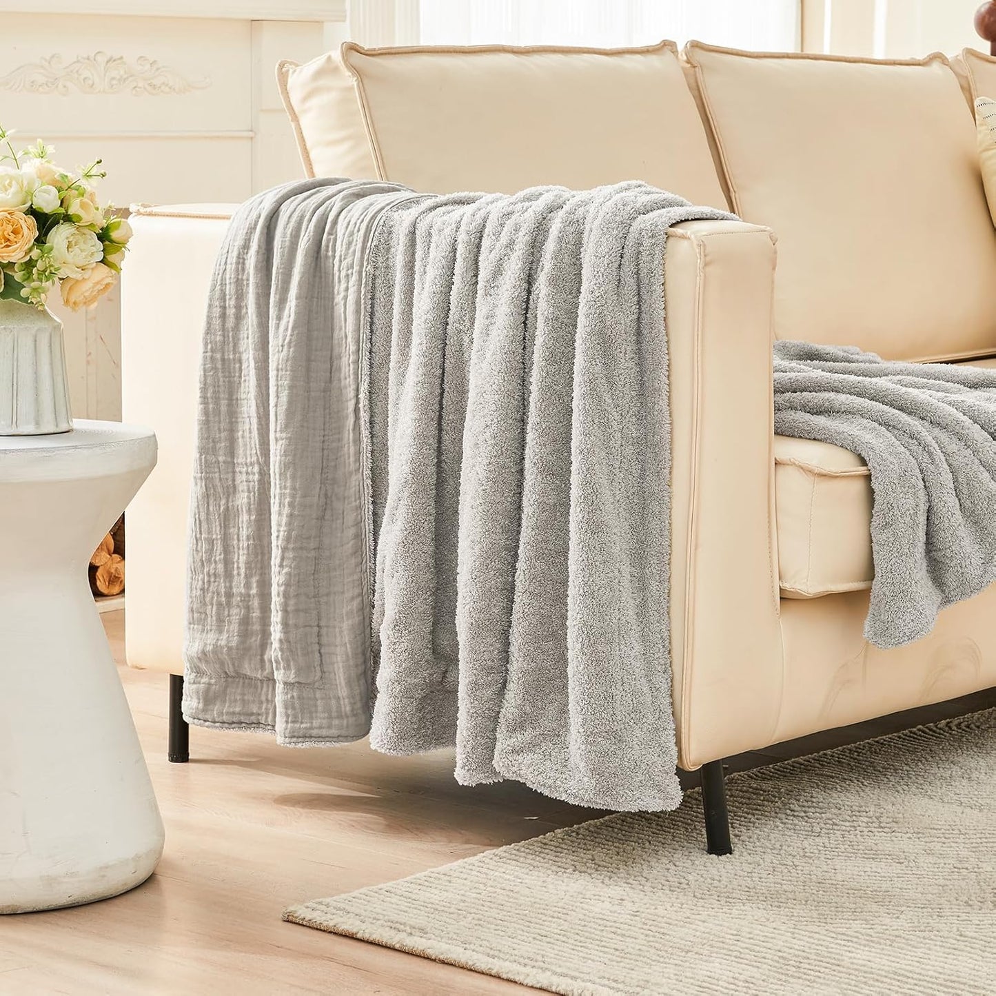 EMME Muslin and Fleece Twin Blanket Reversible - 60"*80" Grey Soft Warm Throw Blankets for Couch Bed Picnic Travel Bed