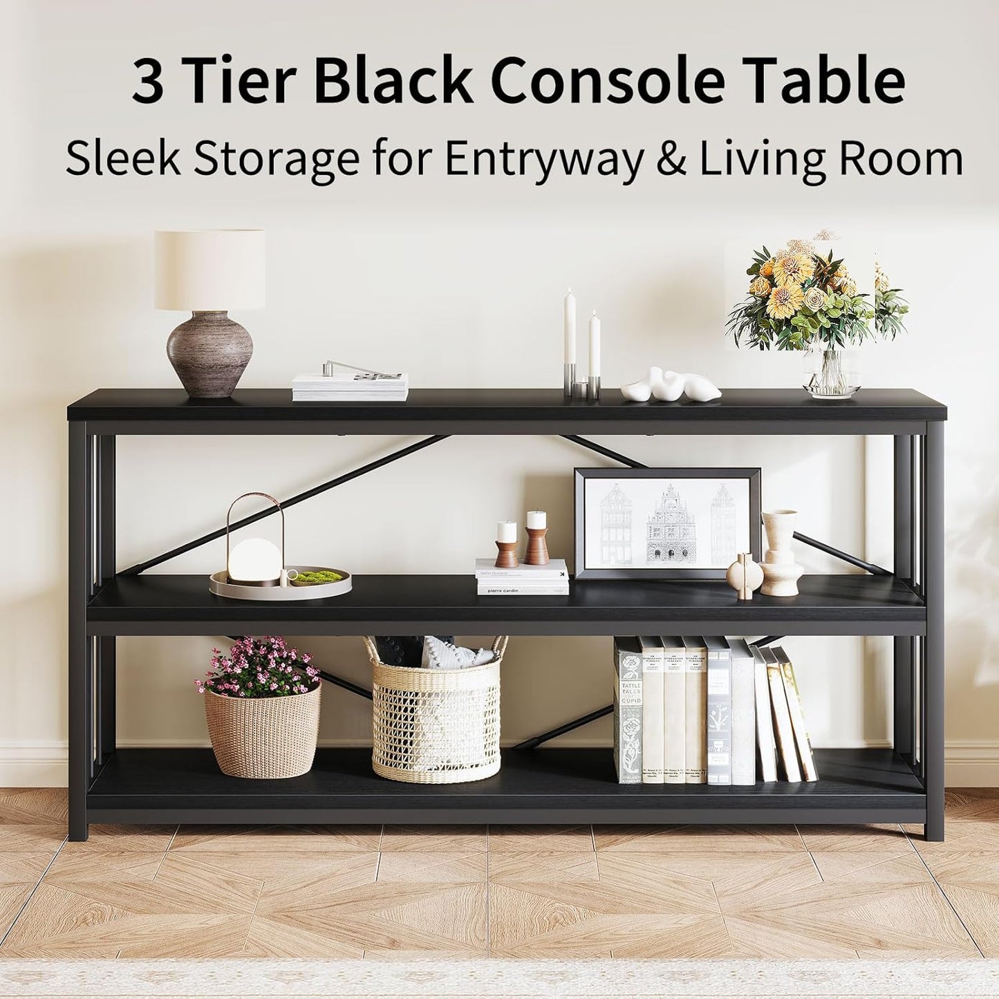 LVB Black Entryway Table, Modern Narrow Console for Hallway, Industrial Farmhouse Foyer Table with Storage Shelves, 63 Inch