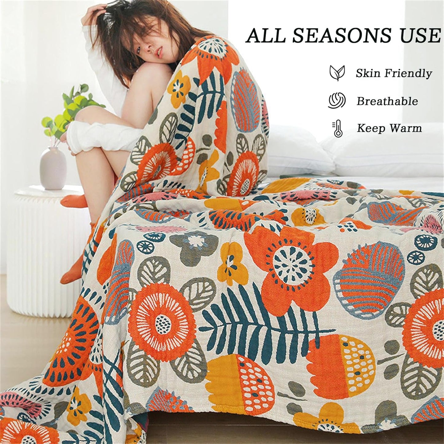 Boho Throw Blanket 60''x80'' for Bed Couch, Floral Muslin Bed Blankets Boho Quilt Travel Mexican 100% Cotton Super Soft Summer Blanket Picnic Blankets