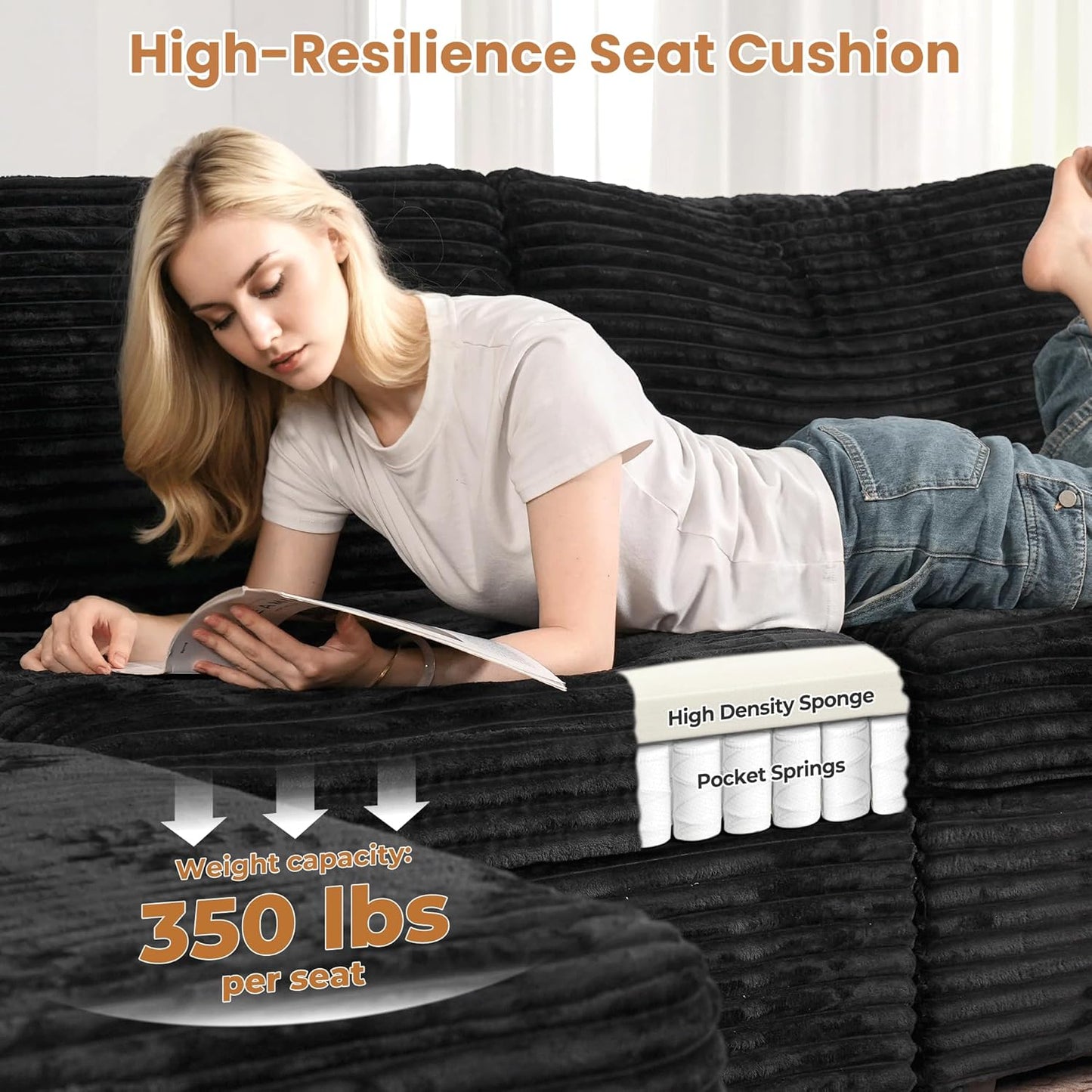 ovios Sectional Sofa Couch with L-Shape Chaise Ottoman, Comfy Modular Cloud Couches with Deep Seat, Modern Upholstered Plush Corduroy Sofas Set for Living Room, 8-Seater, Black