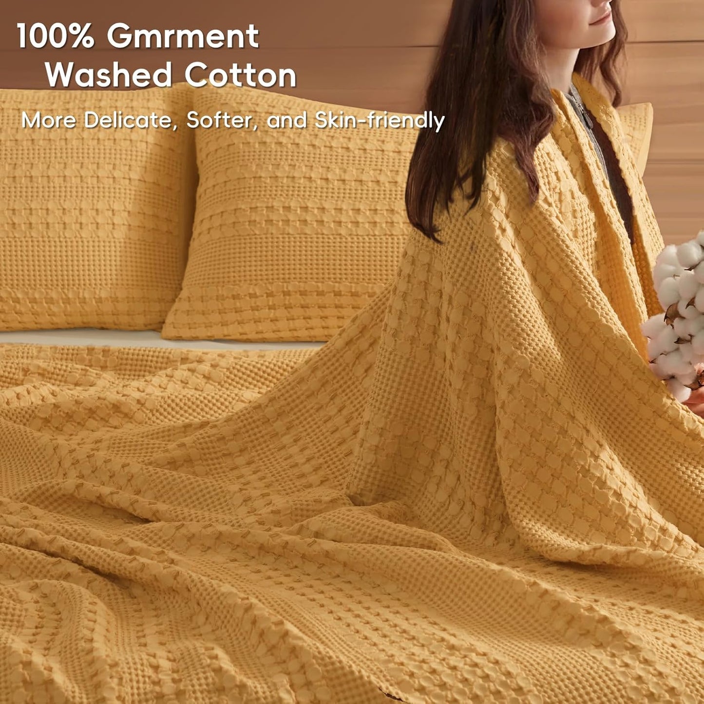 PHF 100% Cotton Waffle Weave Blanket Twin Size, Soft Lightweight Breathable Cozy Summer Blankets for Bed, Luxury Aesthetic Woven Bedding for Home Decor, 66"x90", Ginger/Honey Yellow