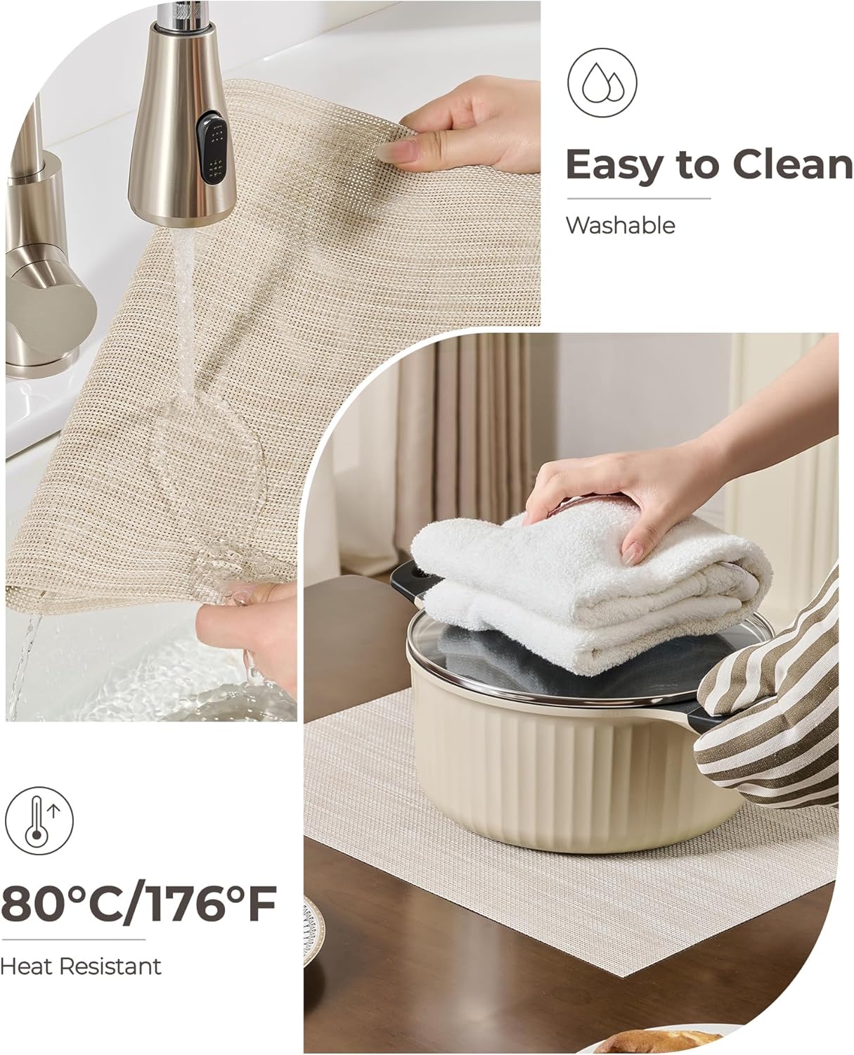 Leetaltree Beige White Placemats Set of 8 - Heat Resistant Non-Slip Place mats for Dining Table, Washable Durable PVC Vinyl Woven Table Mats（Beige White, 8）