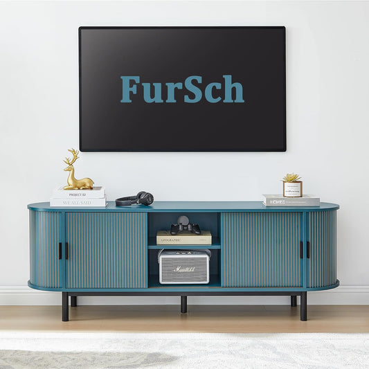 62" Tambour Door TV Stand,Wood Mid Century Modern TV Cabinet for Up to 75“ TV,Curved Edge Long TV Stand with Storage for Bedroom Living Room(62.2inch,Blue)