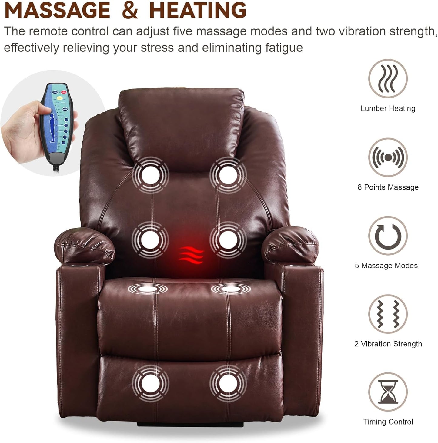 SALOHZA Power Lift Recliner Chair for Elderly with Massage and Heat for Living Room, Electric Recliner Chair for Adults with USB/Type C Port/Cup Holders, PU Faux Leather, Chocolate Brown